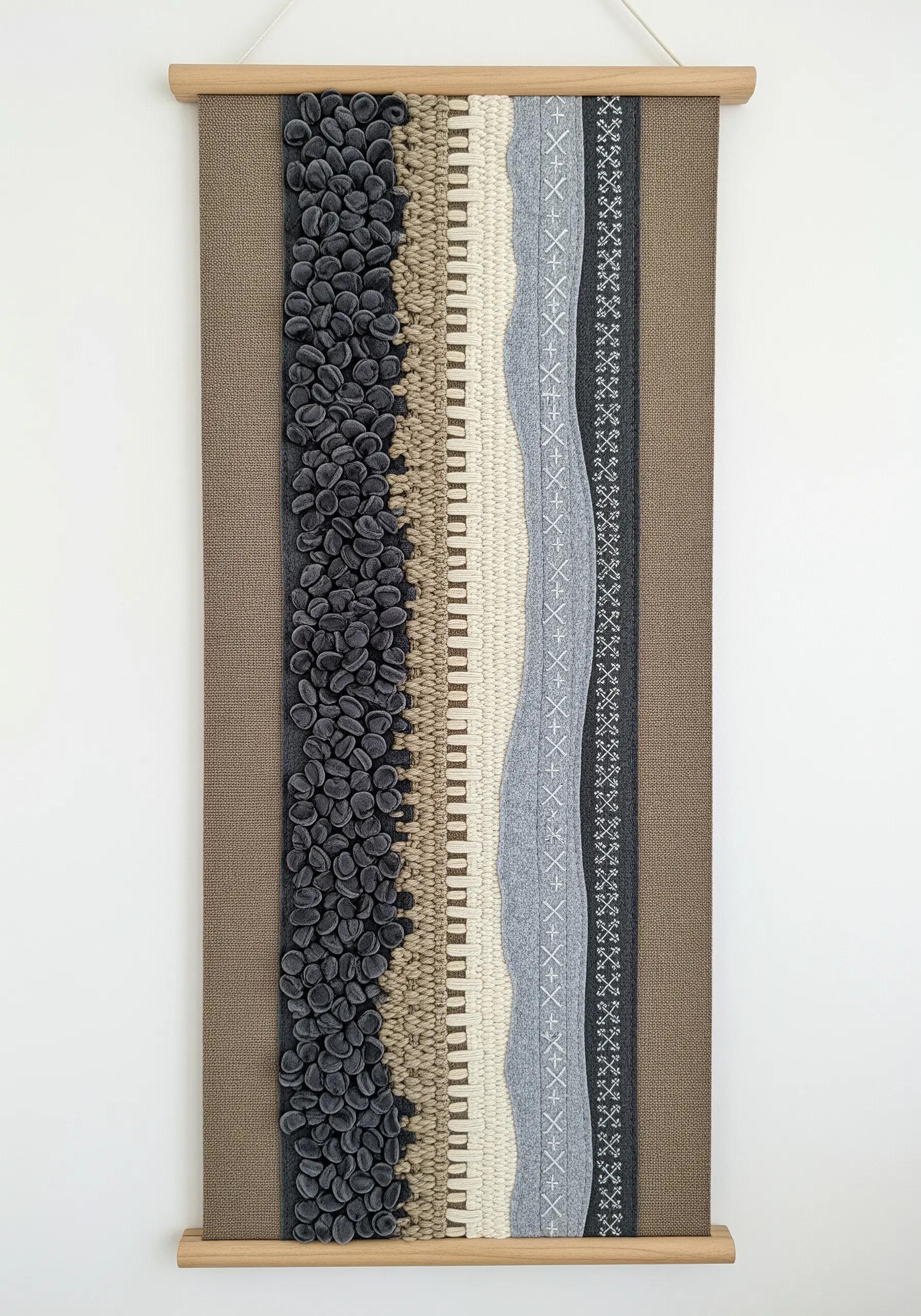 Long neutral-toned wall hanging with vertical bands of different woven and embroidered textures.