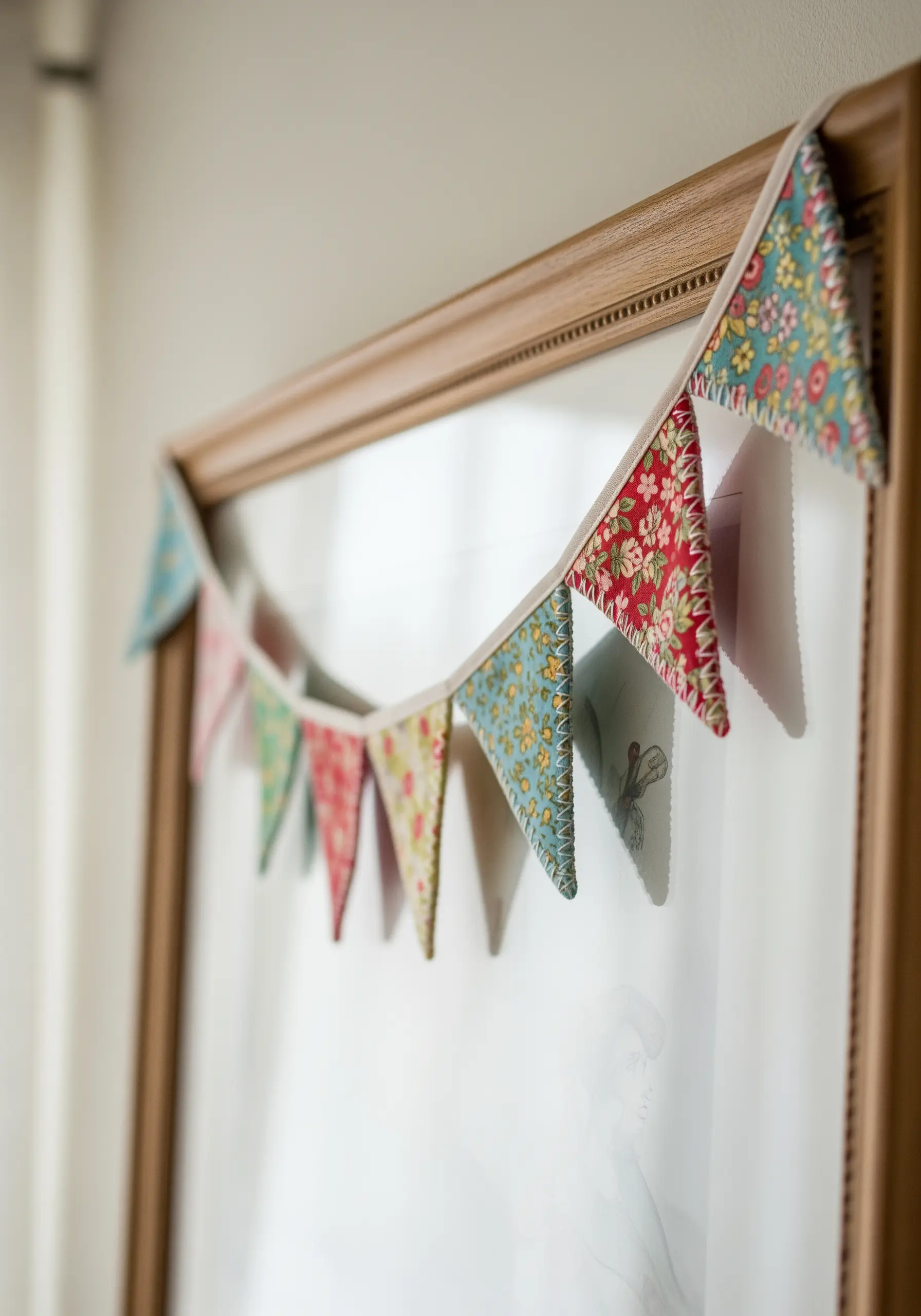 A colorful fabric bunting with various floral and patterned triangles, draped over a picture frame.