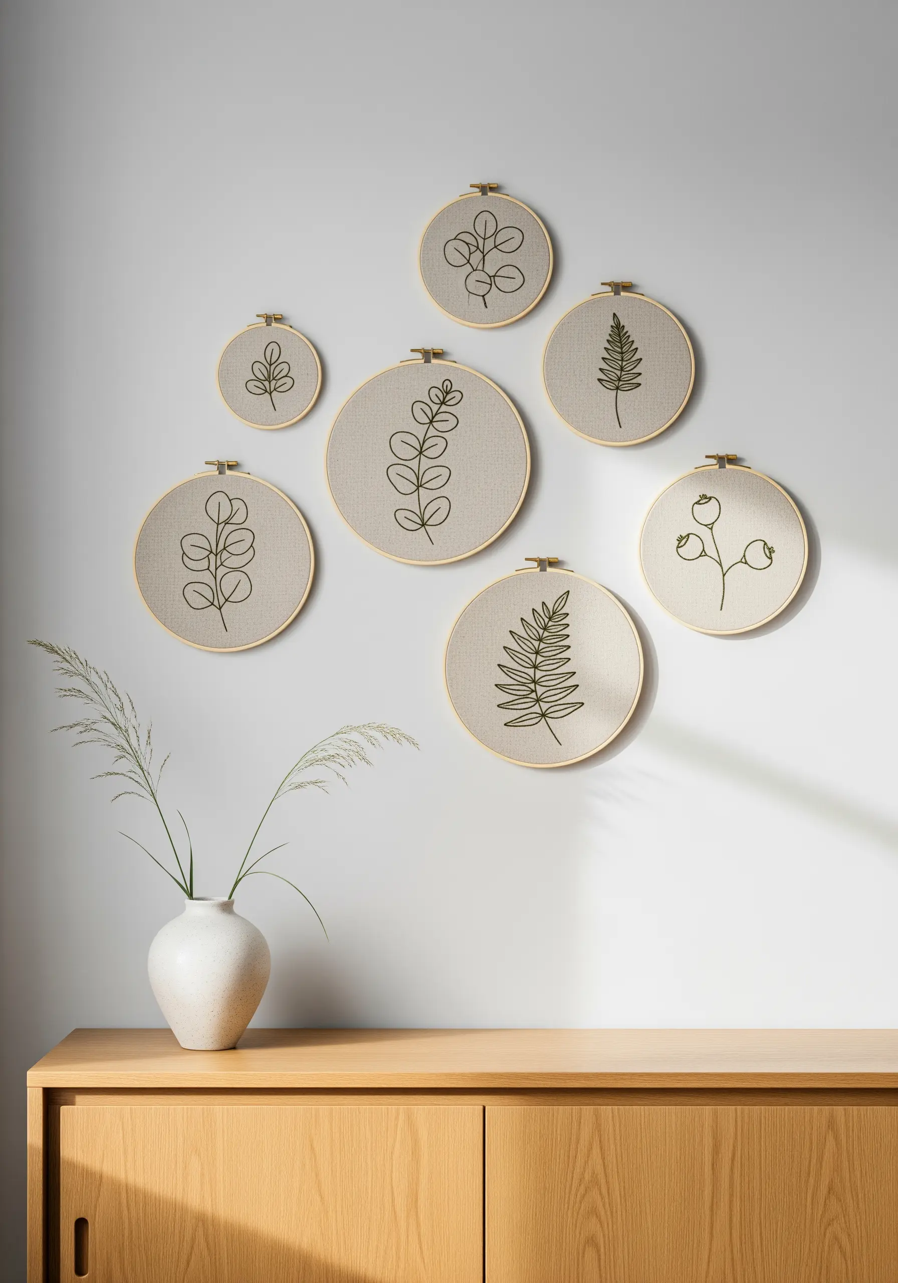 Minimalist botanical embroidery in green thread on neutral linen, displayed in various hoop sizes.
