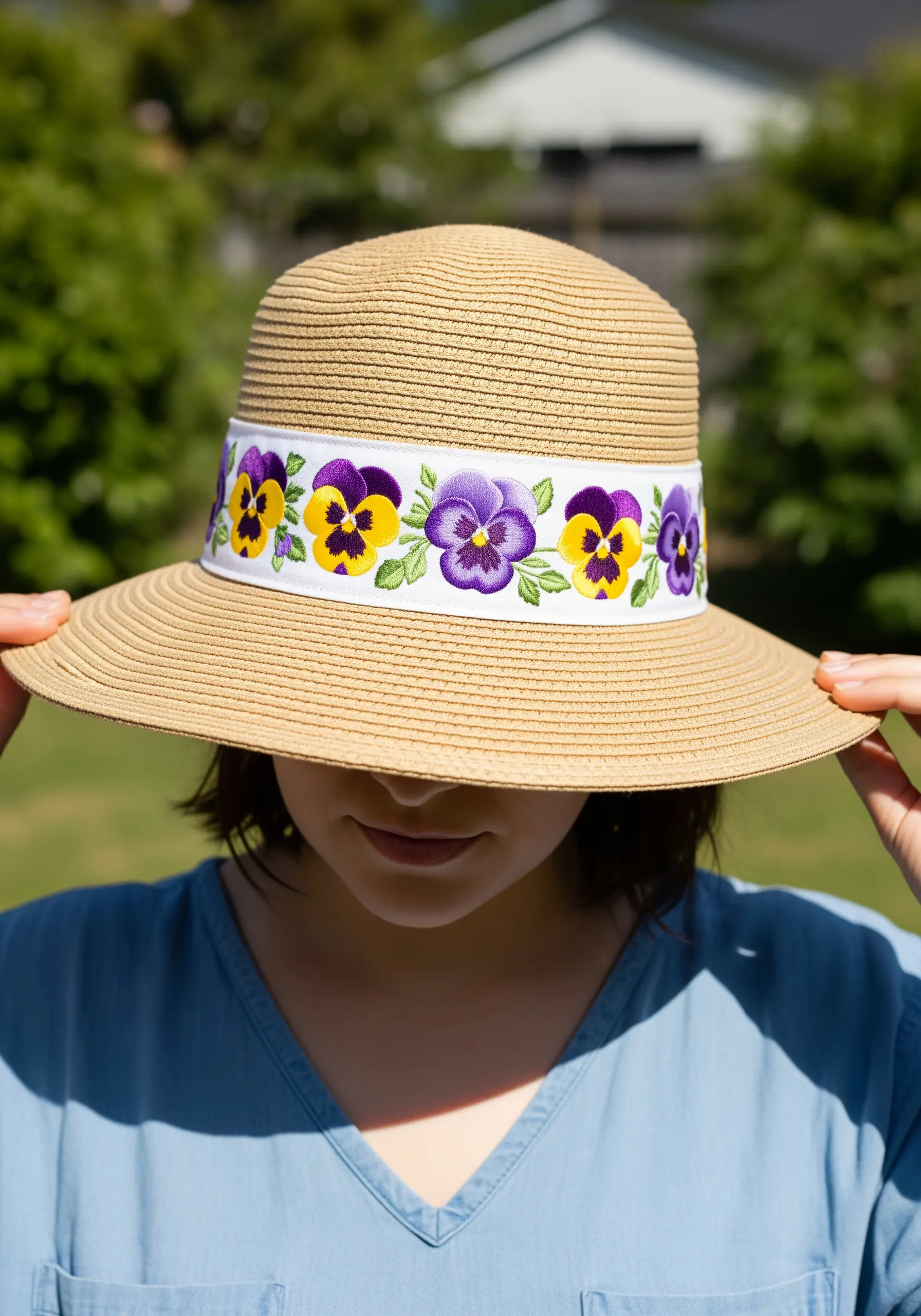 A straw sun hat adorned with a hand-embroidered ribbon of colorful pansies