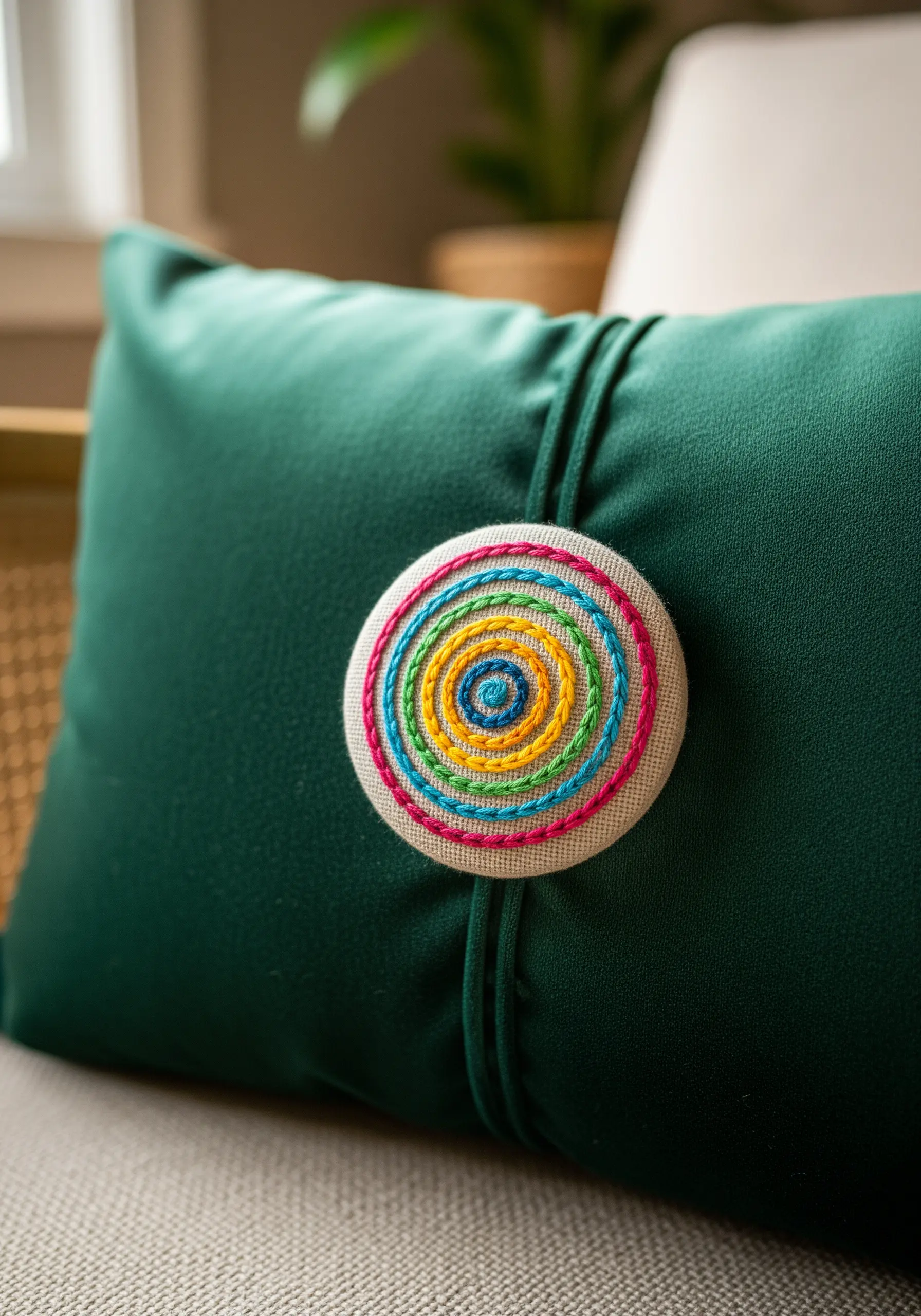 A custom-made button with a colorful embroidered spiral, on a green pillow.