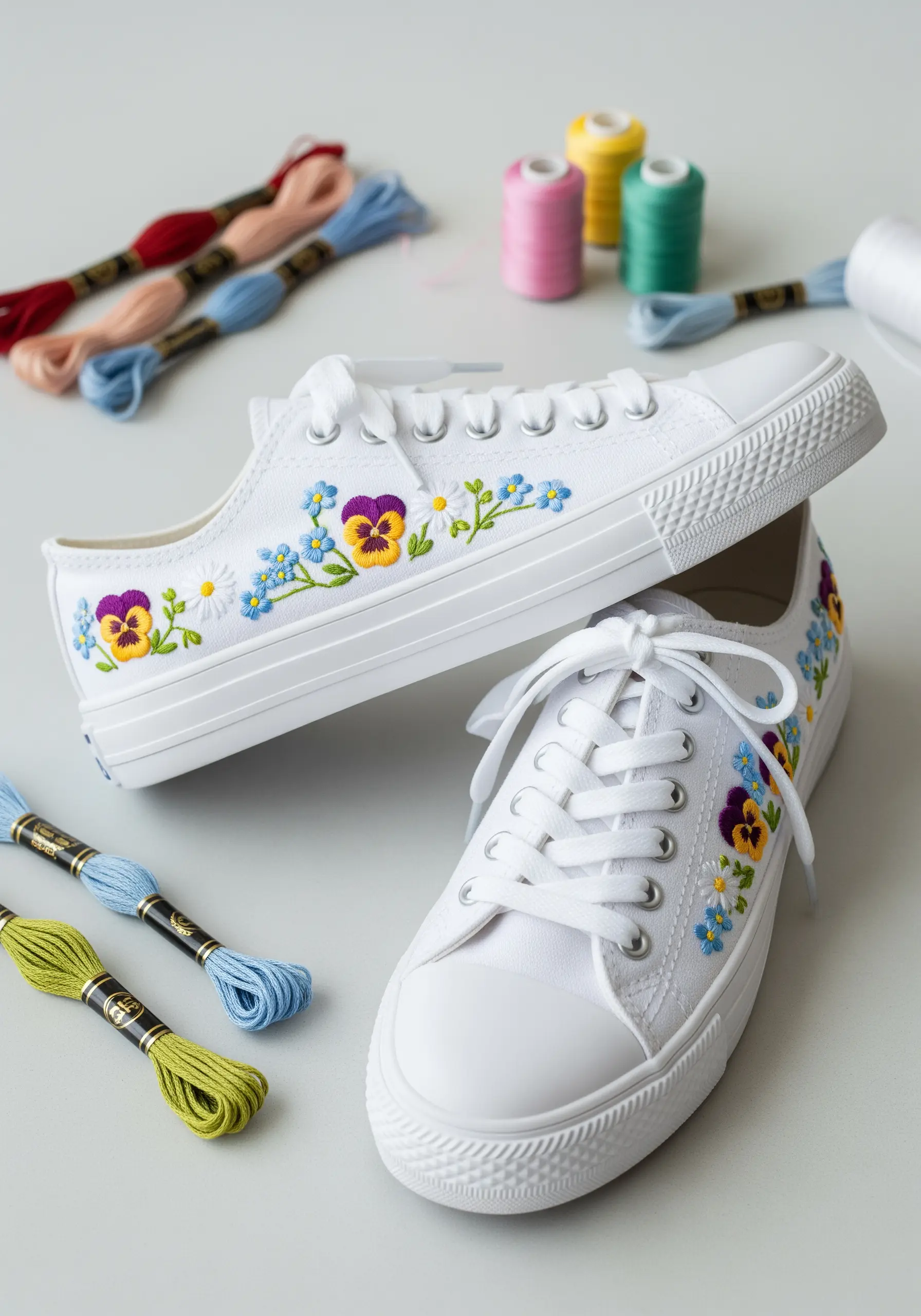 Hand-embroidered pansies and forget-me-nots on the side of white canvas sneakers.