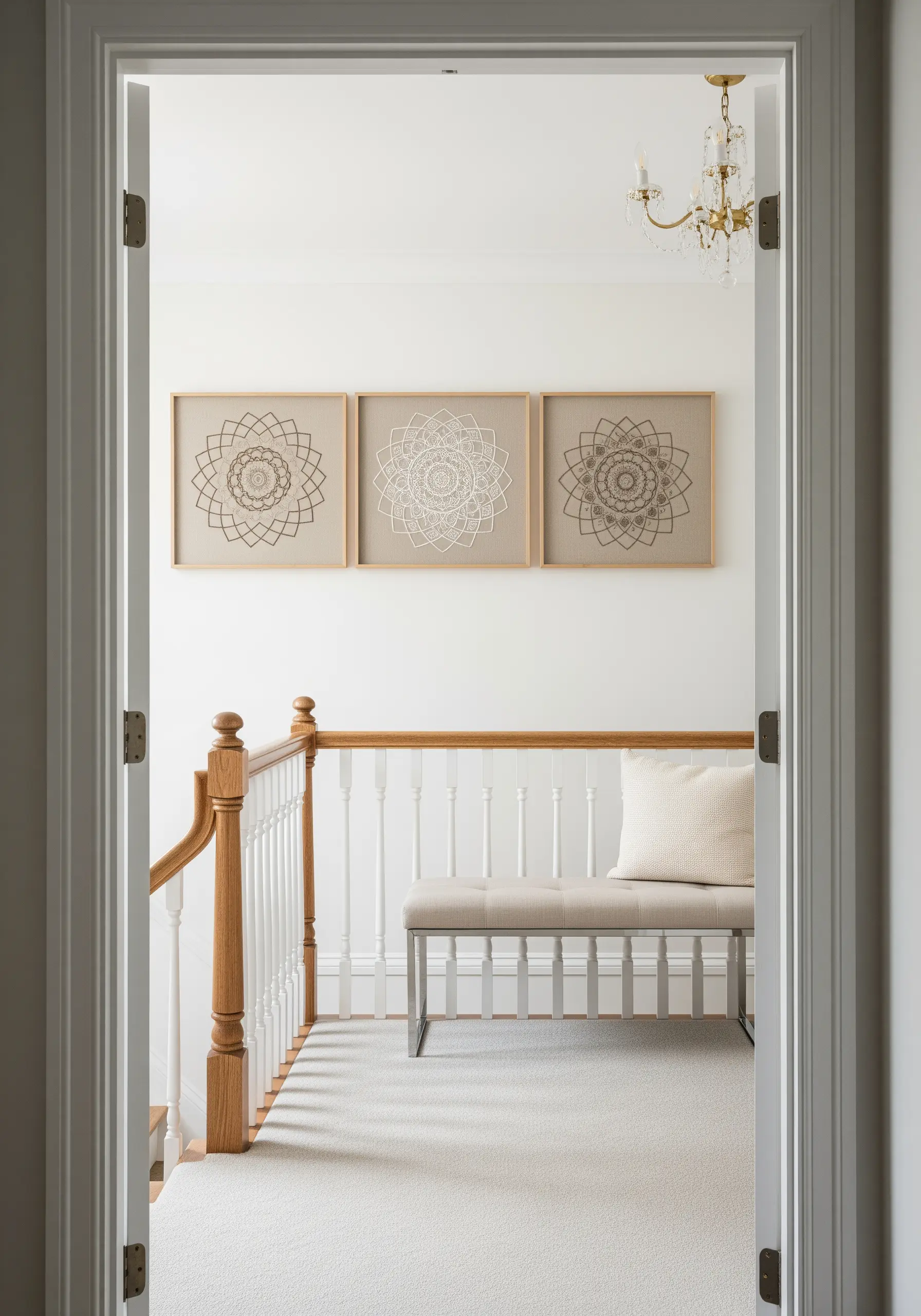 A triptych of three framed mandalas with varied line work, hung in a clean, neutral hallway.