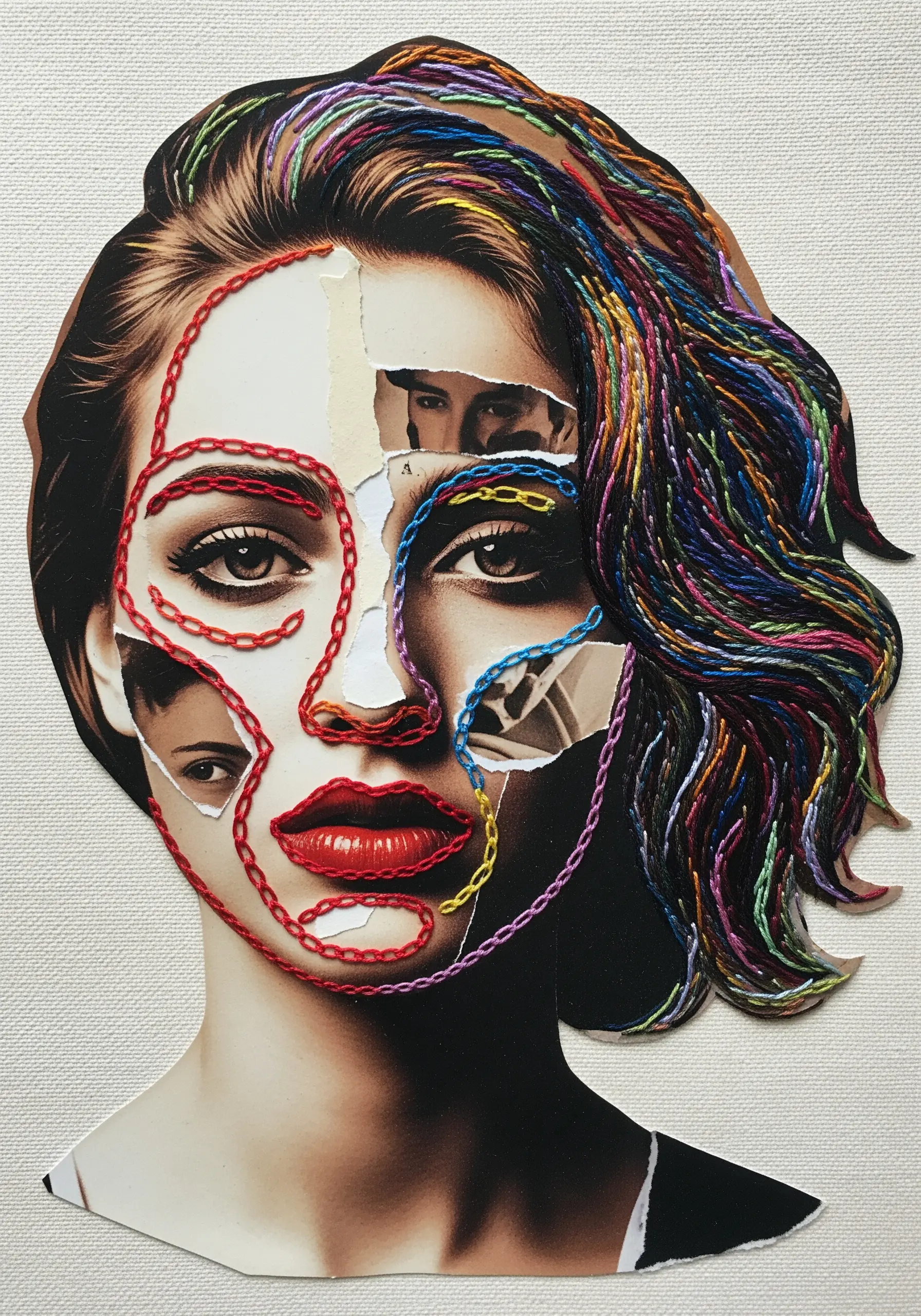 A fragmented portrait collage of a woman's face, reassembled with colorful chain stitches and thread.