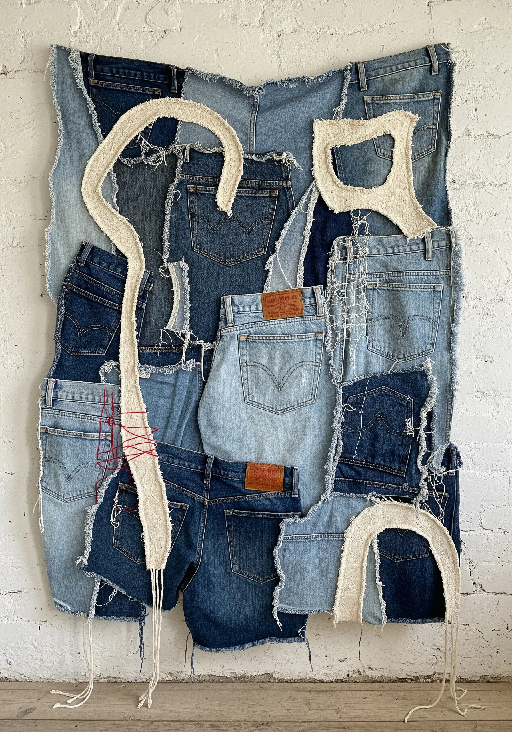 Abstract wall art made from a collage of deconstructed denim jeans and pockets.