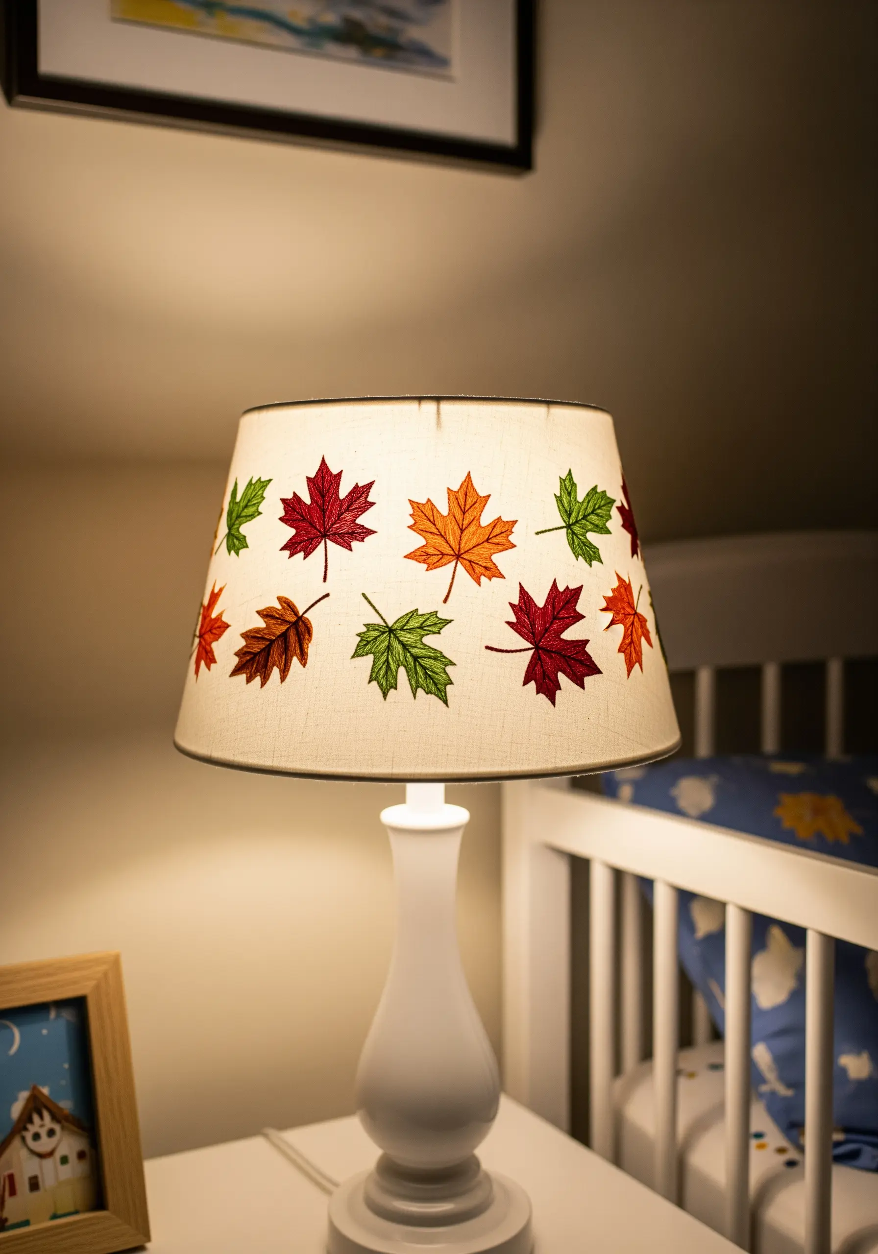 Fabric lampshade in a nursery decorated with a border of colorful embroidered maple leaves