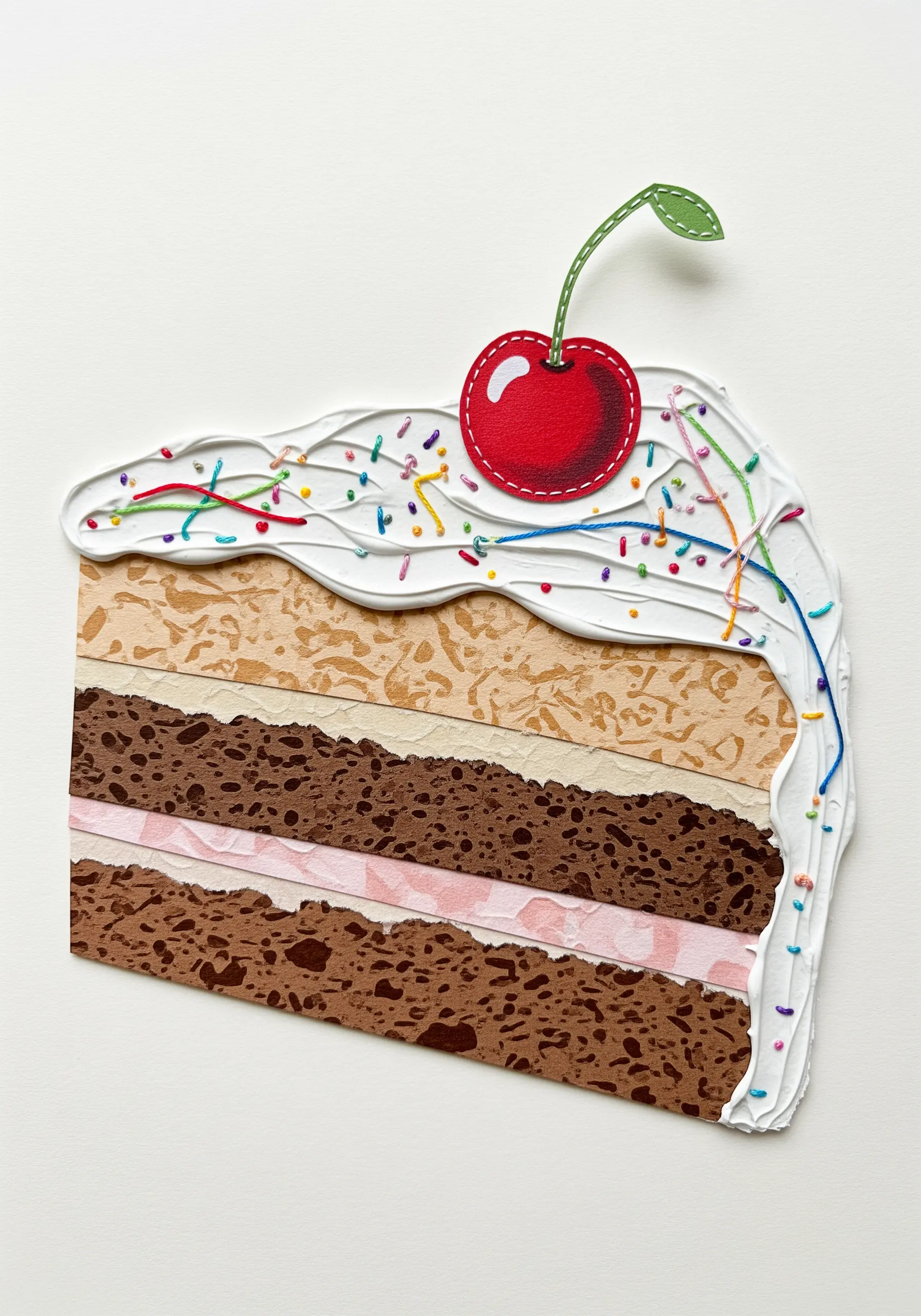 A paper collage of a cake slice, decorated with colorful embroidered stitches as sprinkles.