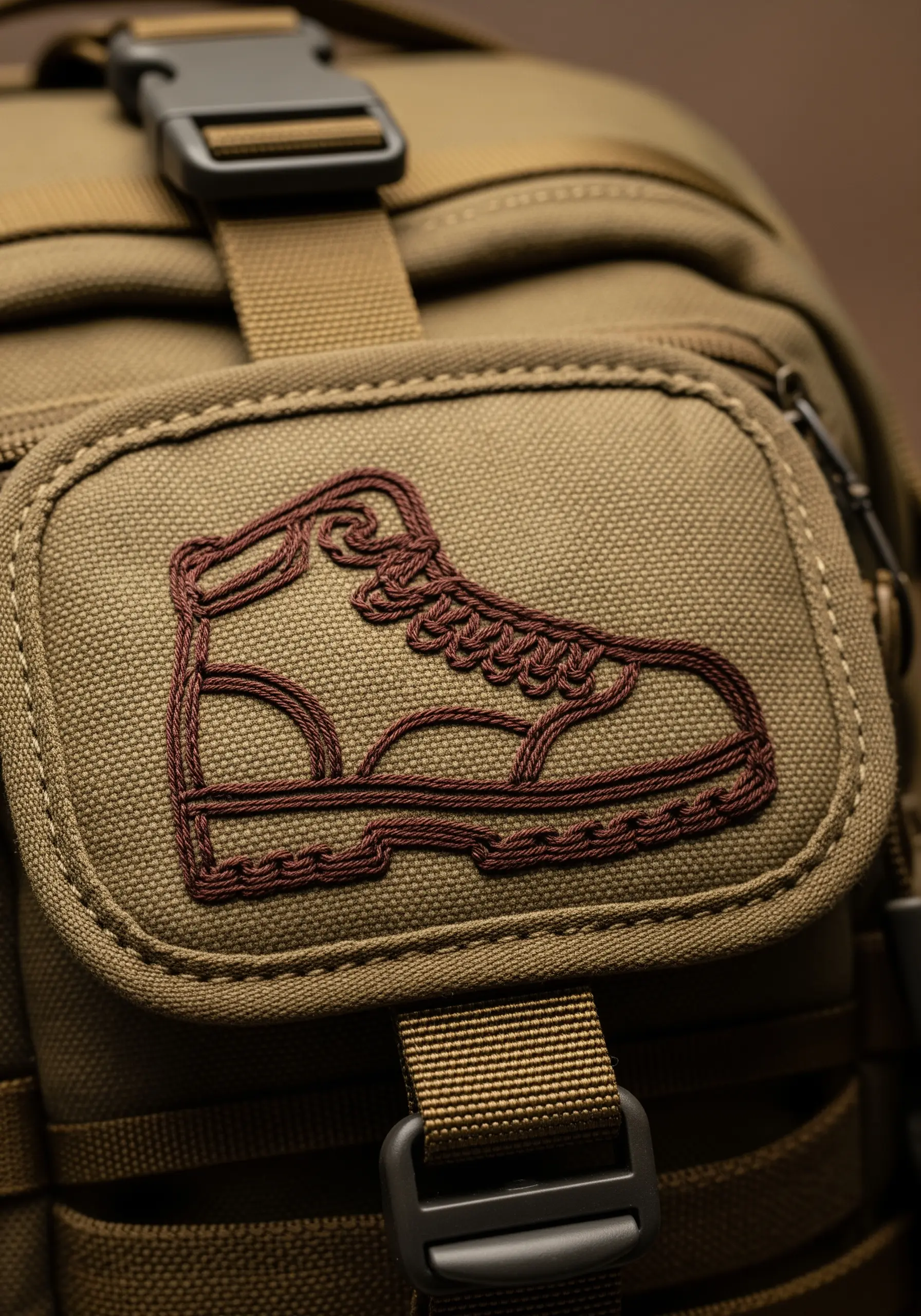 A hiking boot embroidered in dark red thread on an olive green canvas pouch.
