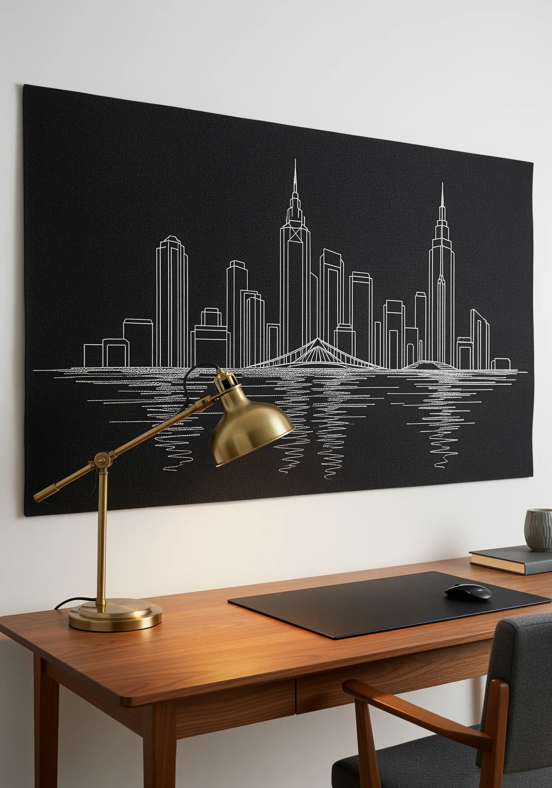 Minimalist line art embroidery of a city skyline on a black fabric wall hanging.