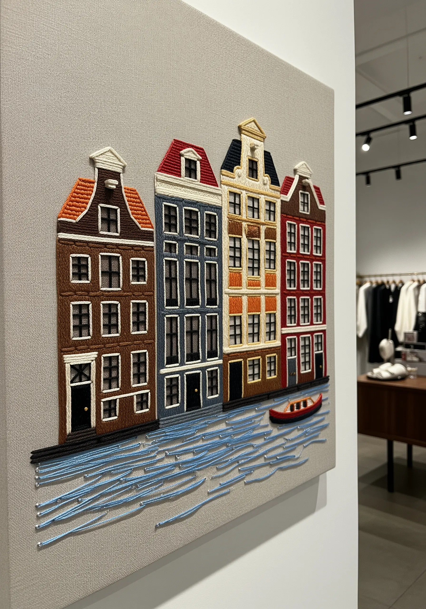 Embroidery of colorful Amsterdam canal houses with bold black outlines and satin-stitched facades.