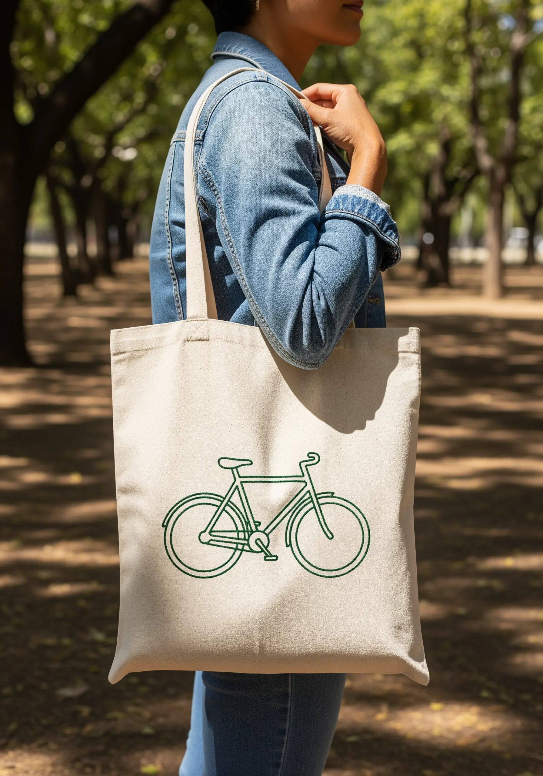 A simple green outline of a bicycle embroidered on a natural canvas tote bag.