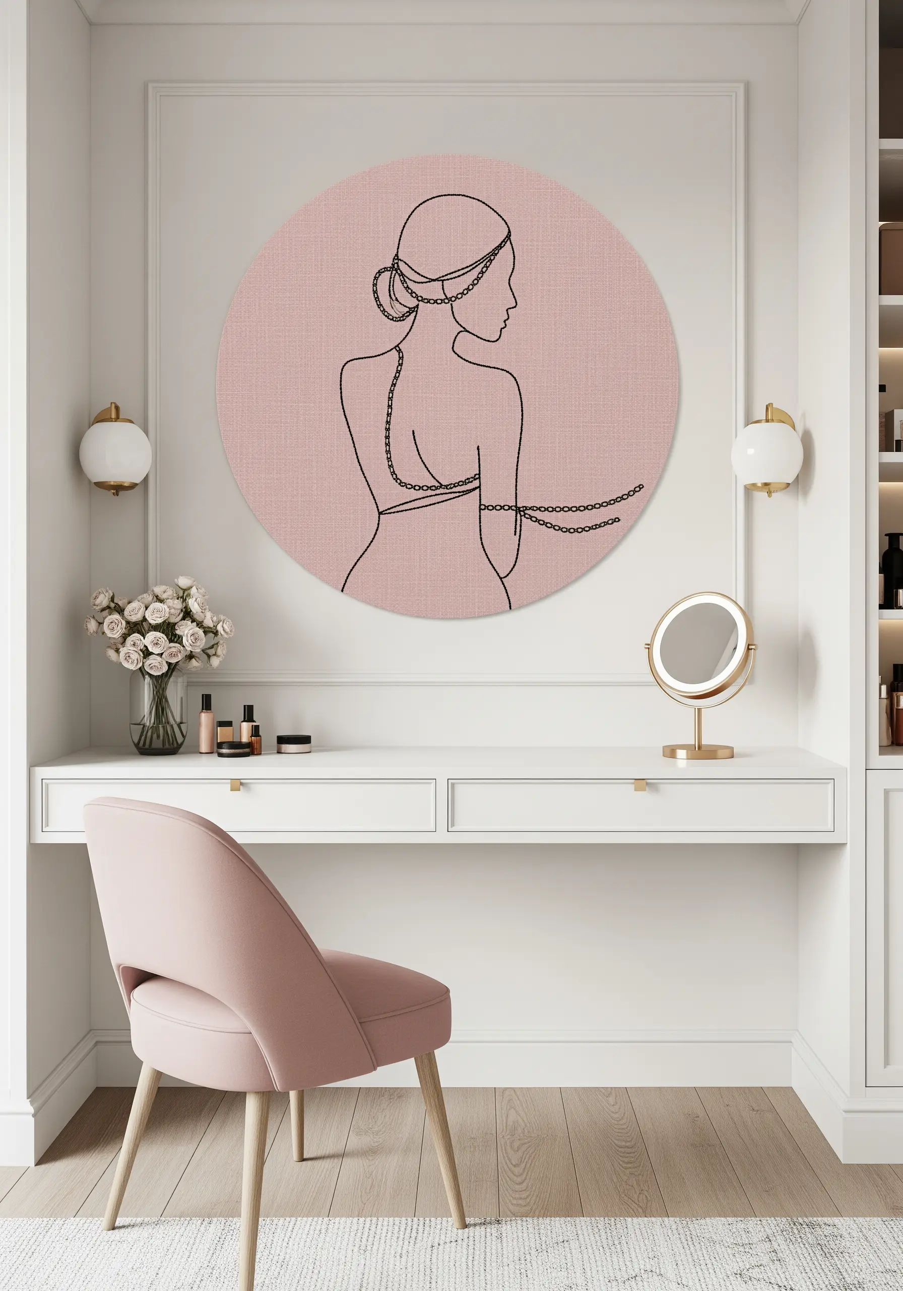 Large single-line embroidery of a female figure's back on a soft pink background.