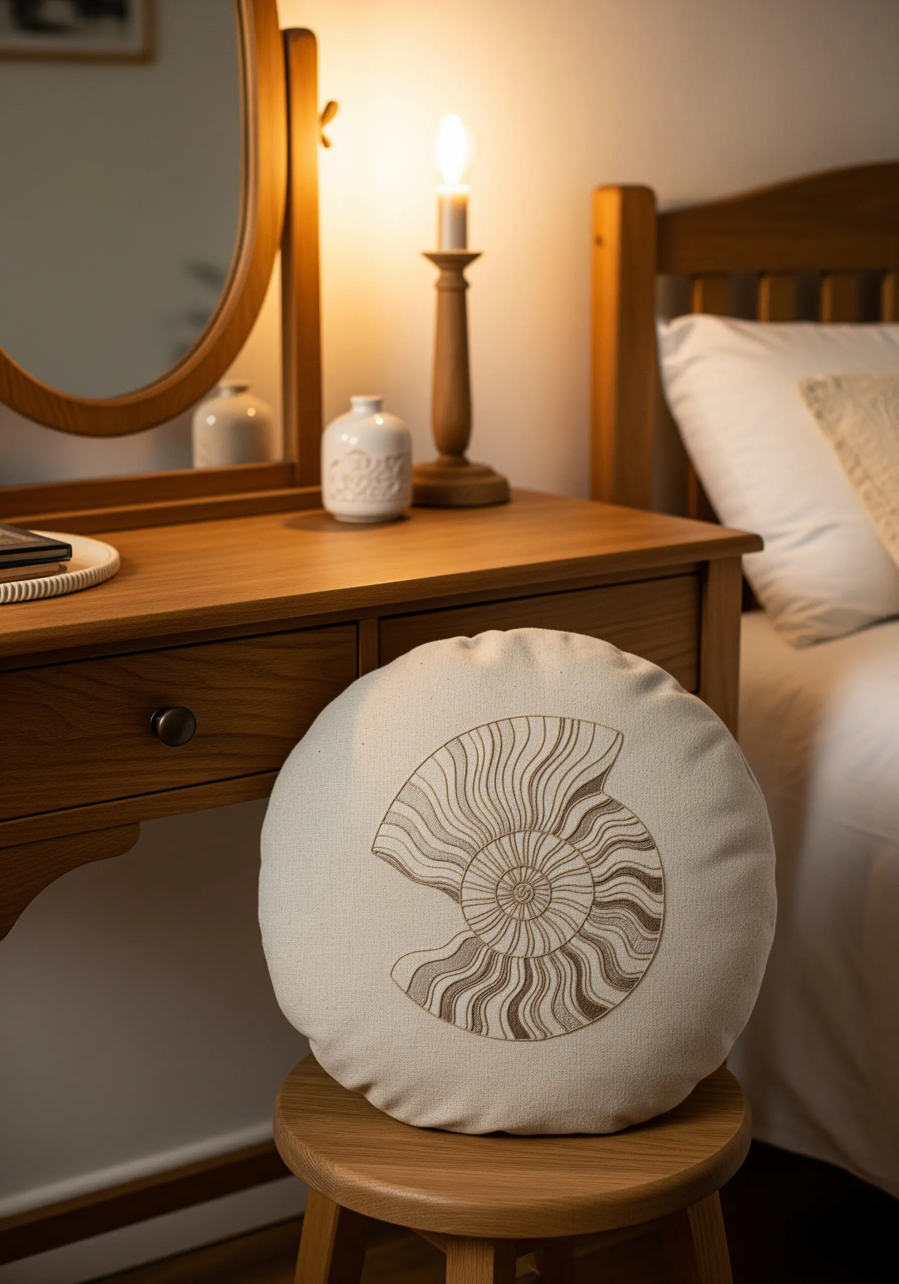 An embroidered nautilus shell on a round cushion, using varied line weights.