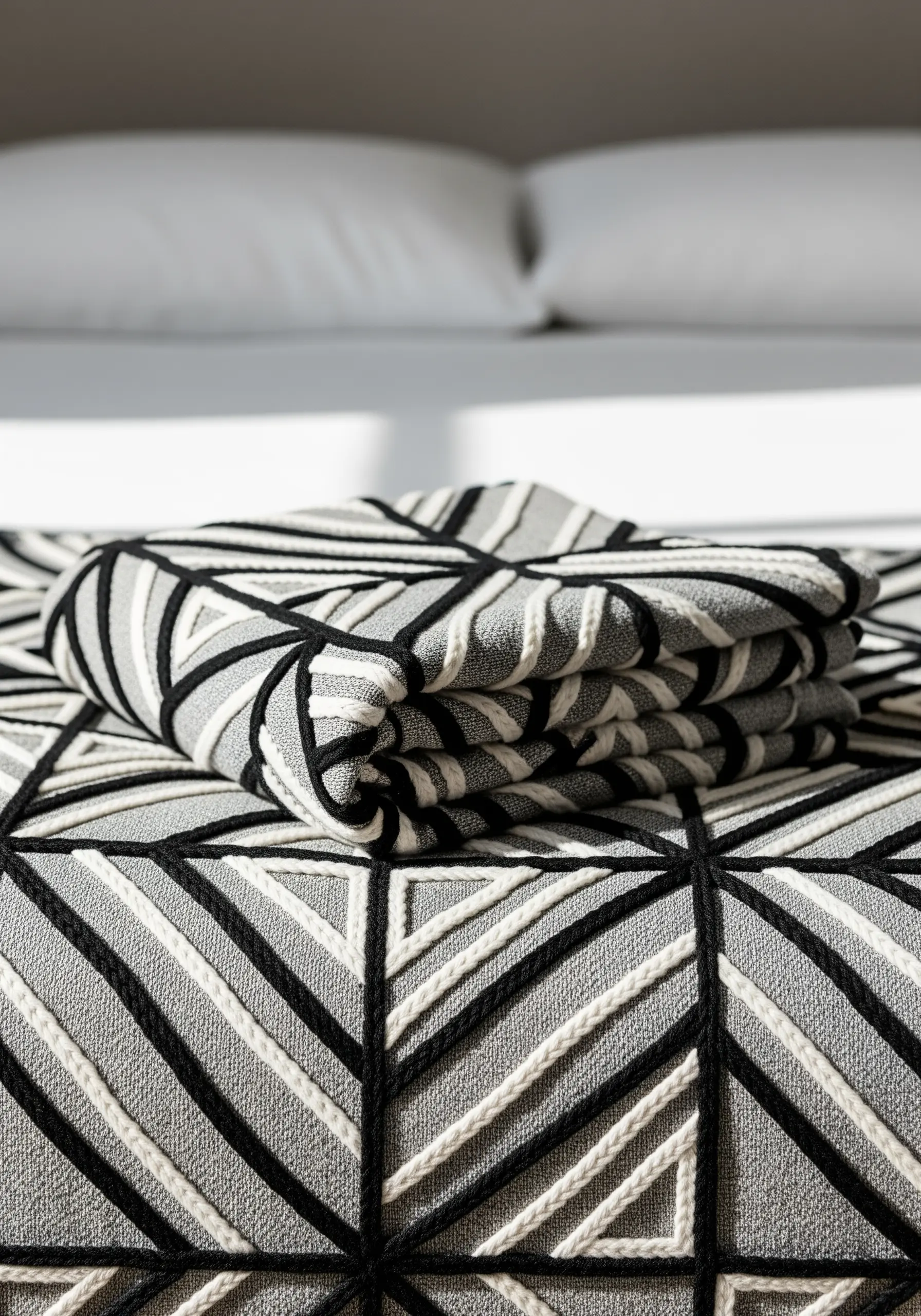 A black, grey, and white geometric blanket with raised lines created using a couching technique.