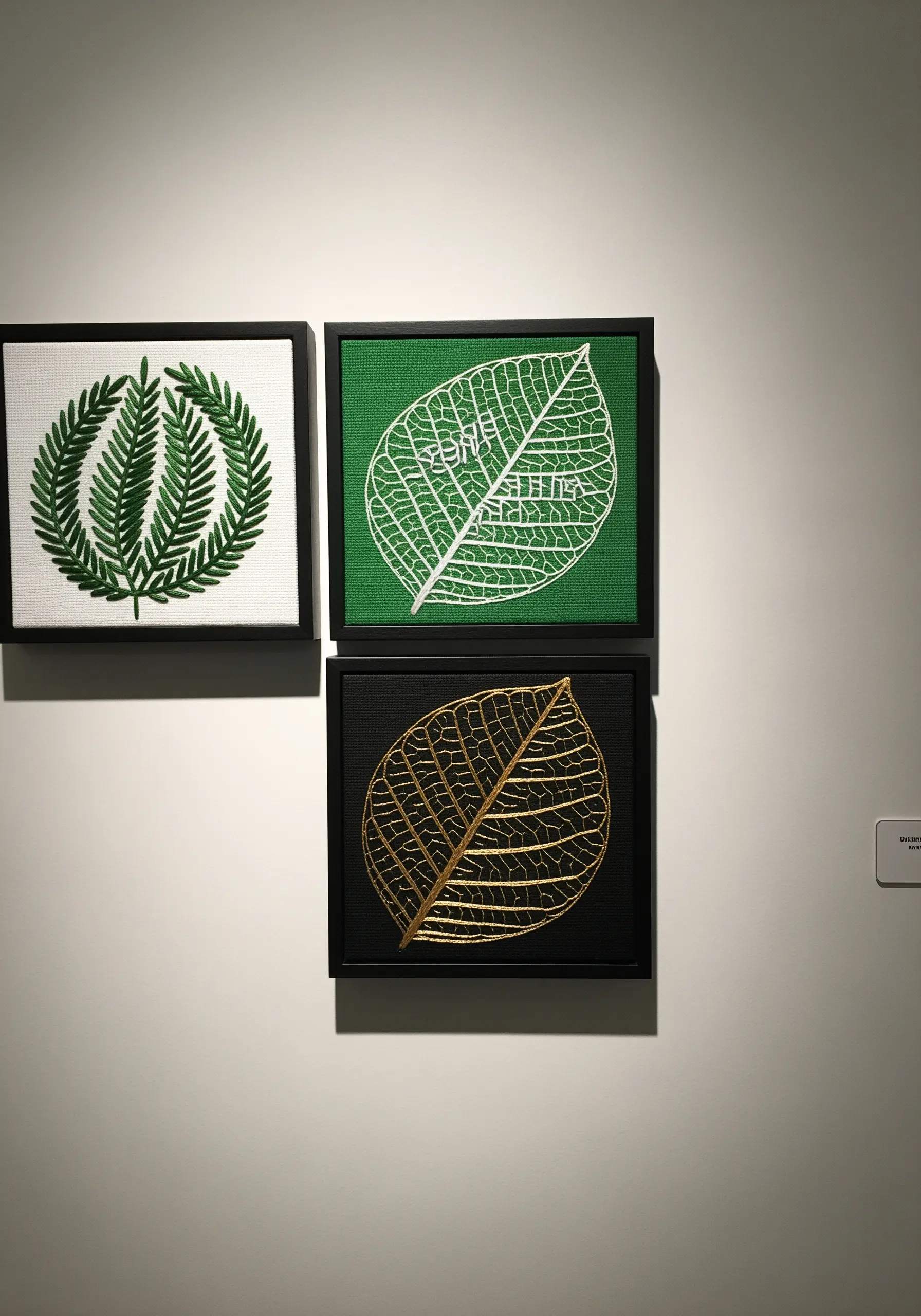 Three framed embroideries of leaf skeletons in green, white, and gold thread on different backgrounds.