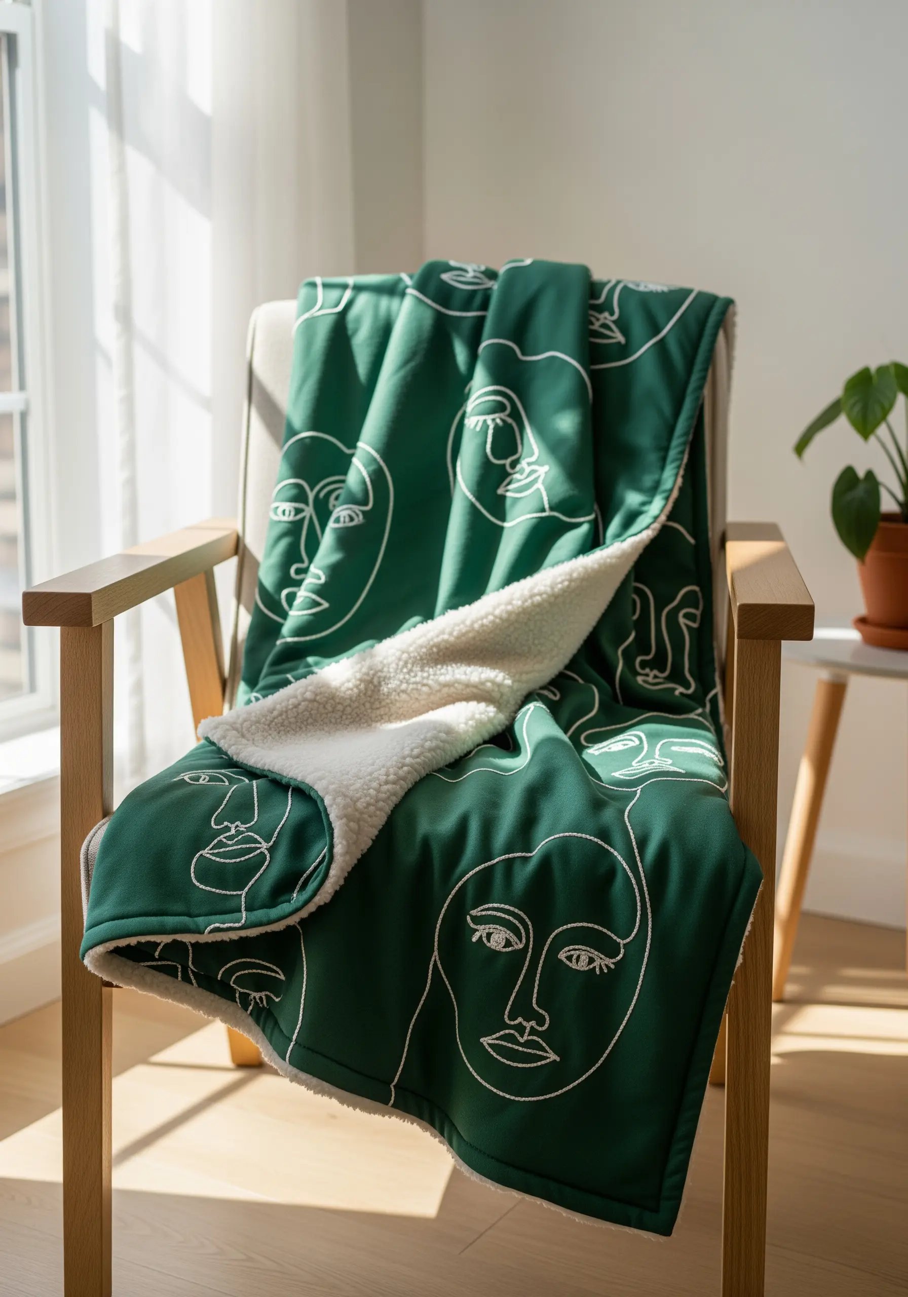 A dark green blanket with an all-over pattern of white continuous line art faces.