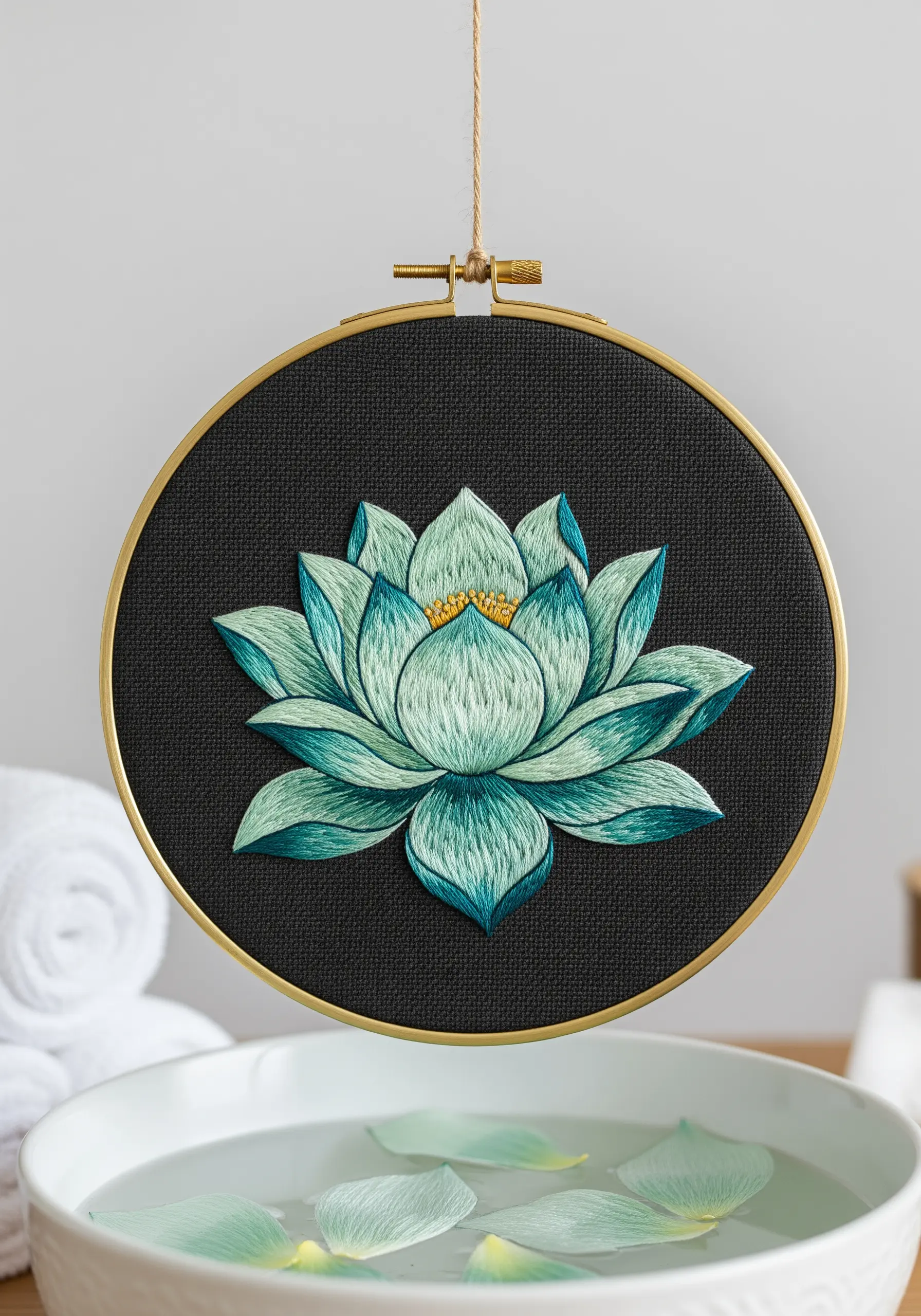 Lotus flower with green-to-teal gradient petals and dark outlines, stitched on black fabric.