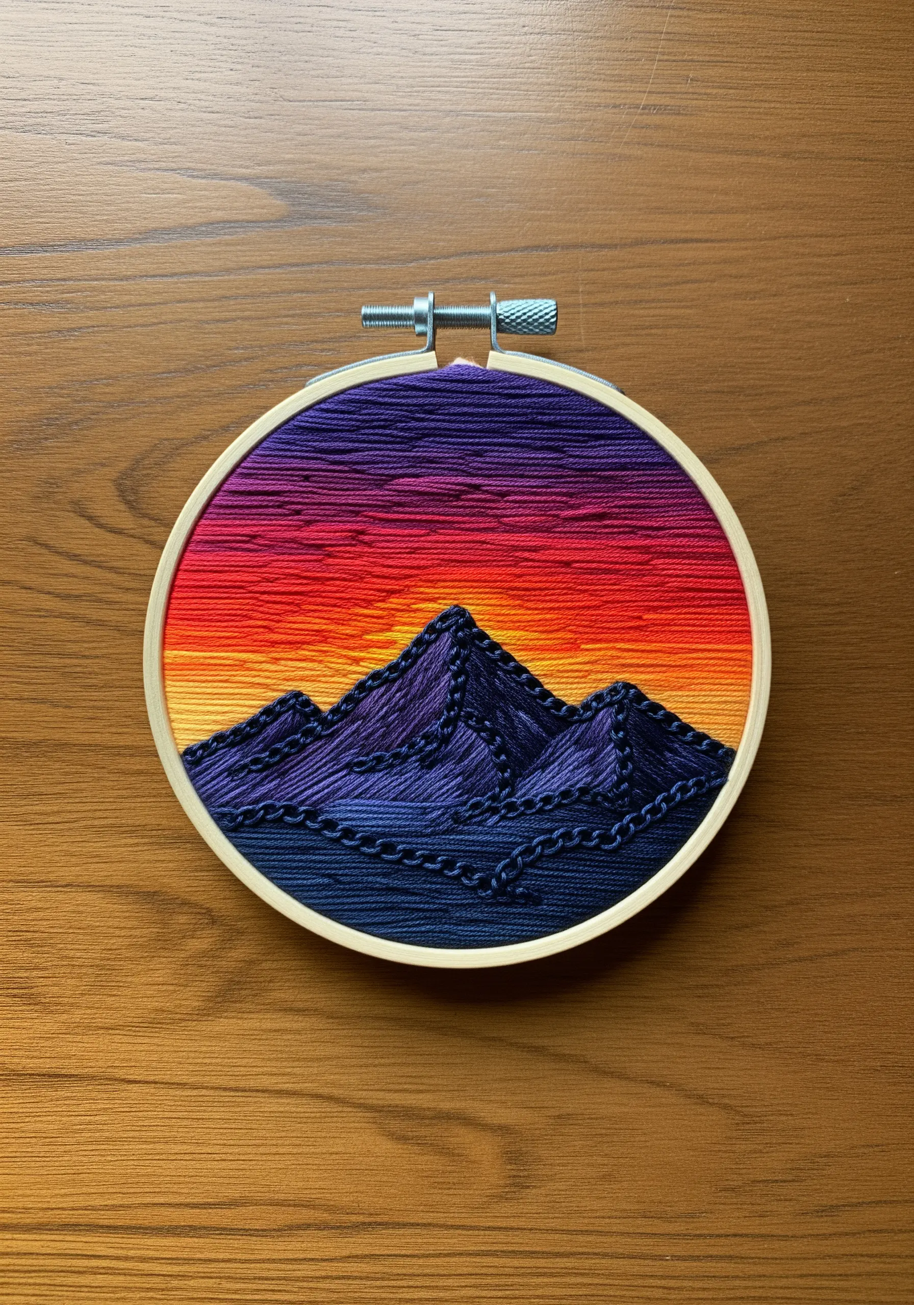 Embroidered mountain sunset with chain stitch outlines defining the peaks.