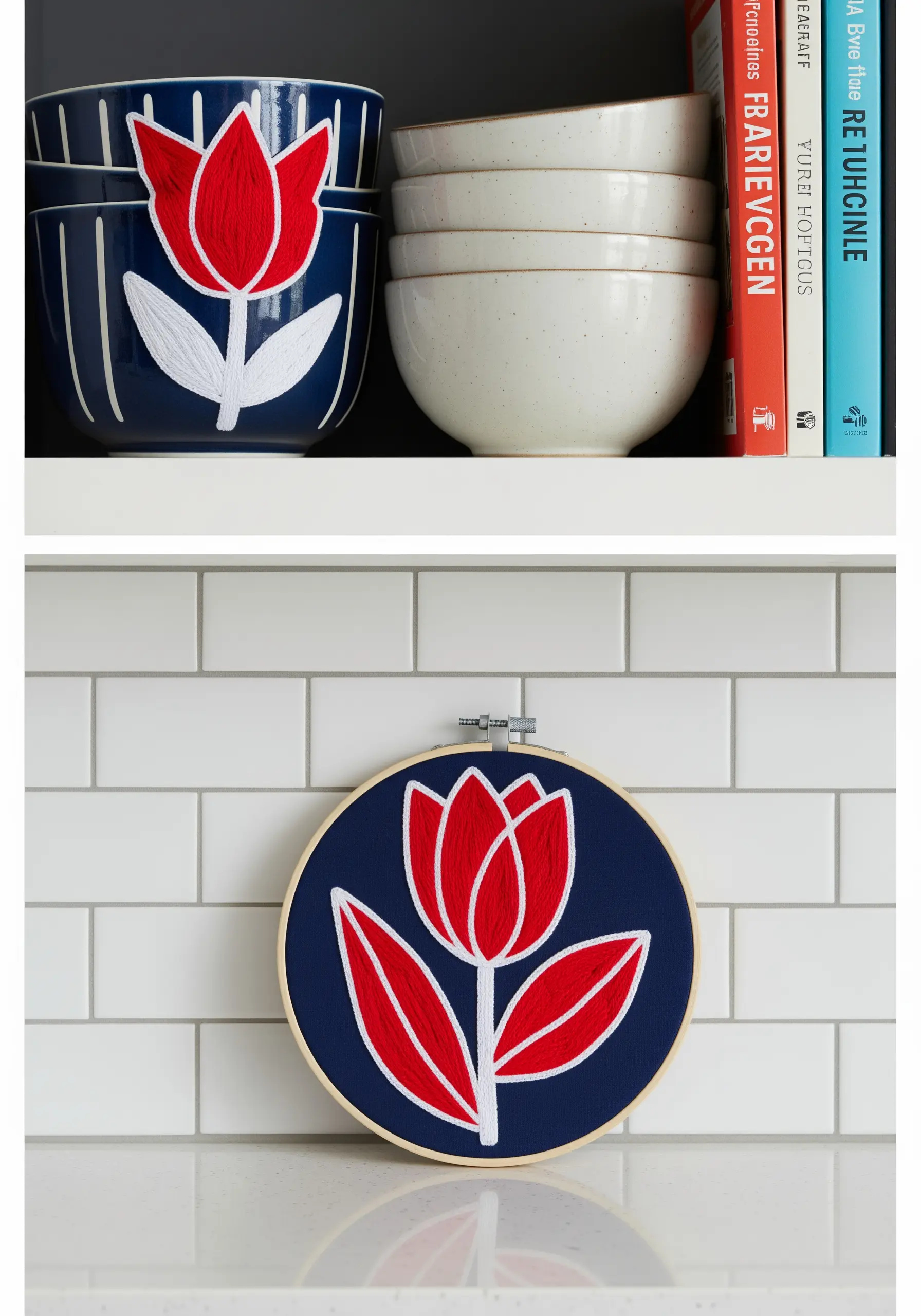 A modern, graphic tulip embroidery with bold red and white satin stitch