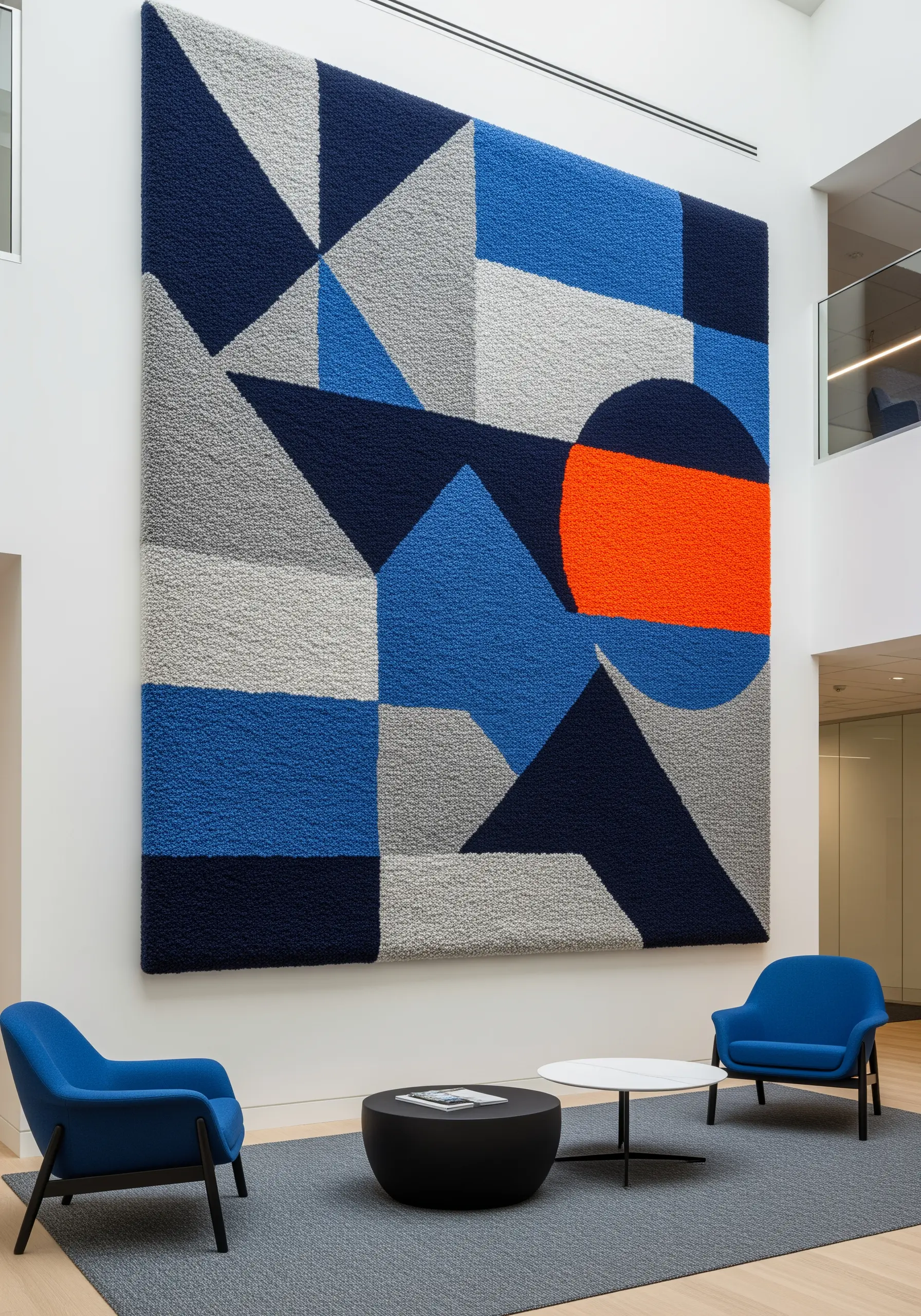 A large, tufted wall hanging with a bold abstract geometric pattern in blue, gray, and orange.