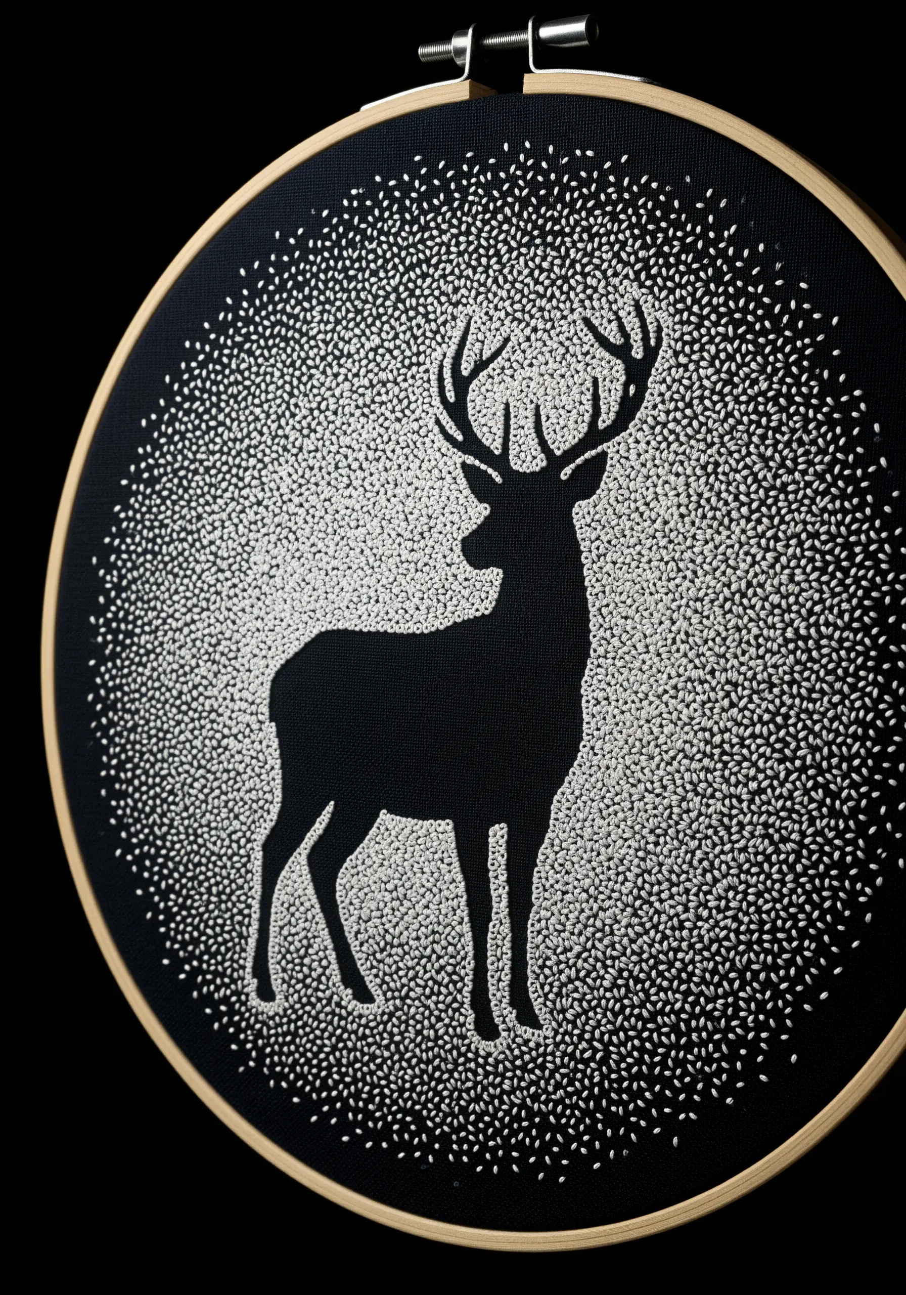 A black deer silhouette on black fabric, defined by a dense background of white seed stitches.