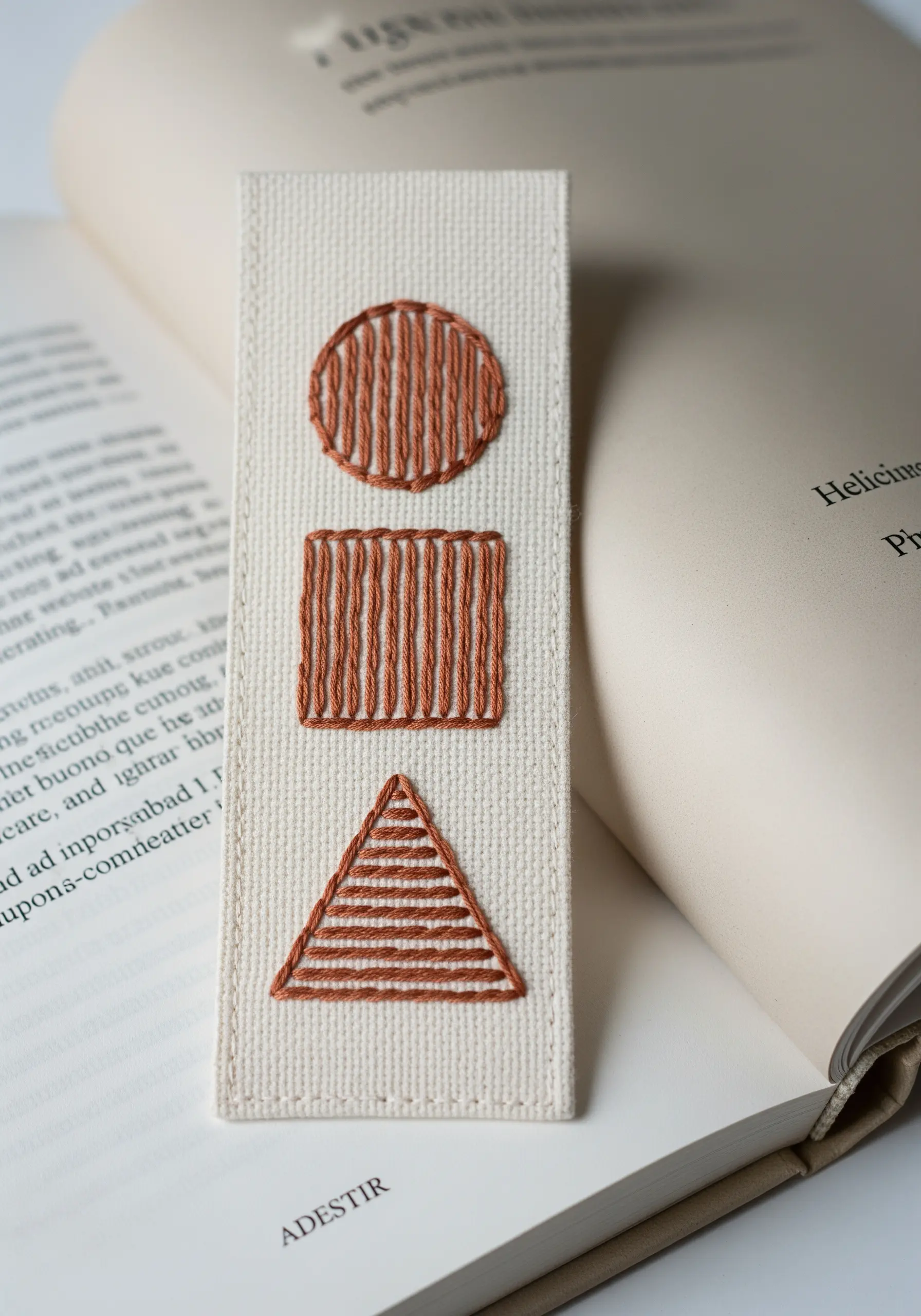 A bookmark embroidered with geometric shapes filled with vertical satin stitches.