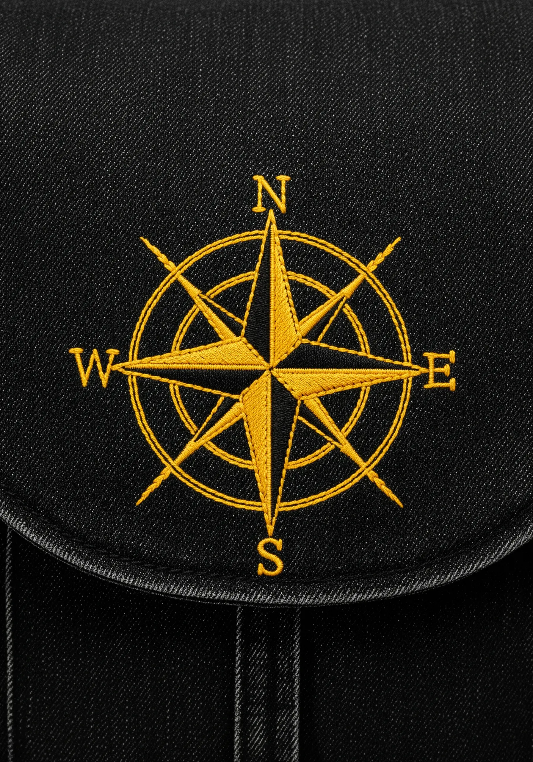 A golden yellow compass rose embroidered on the black fabric of a backpack pocket.