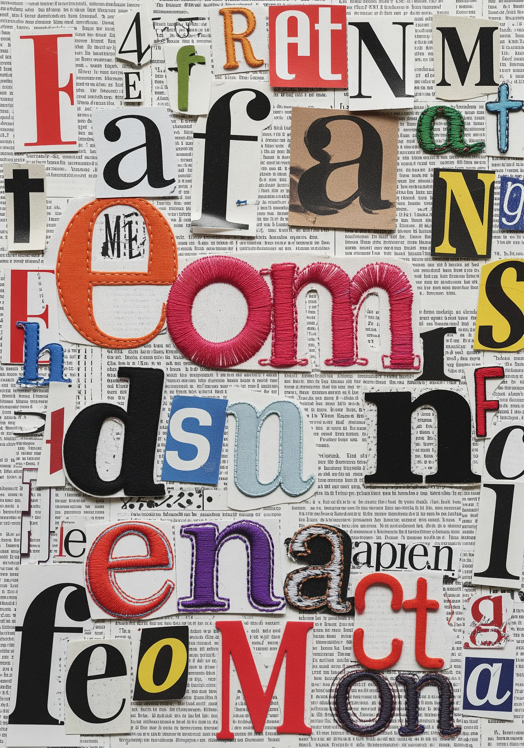 A typography collage with several letters filled in with thick, colorful satin stitch embroidery.