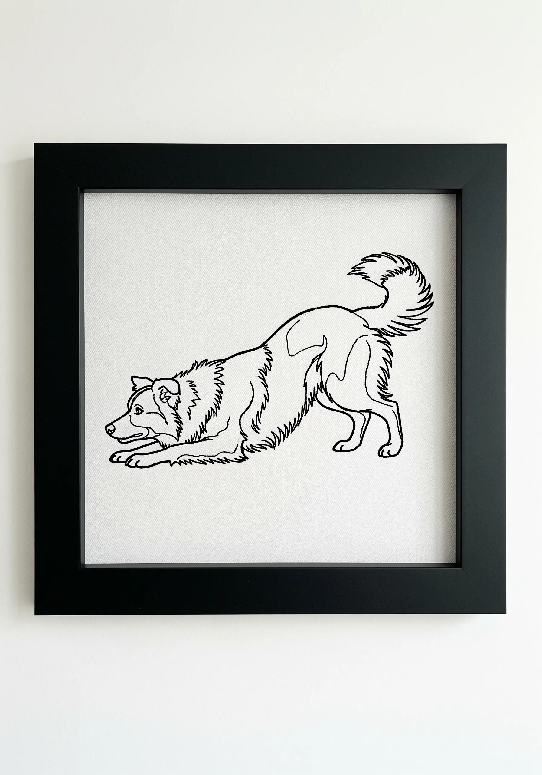 Line art embroidery of a playful Border Collie in a 'play bow' pose.