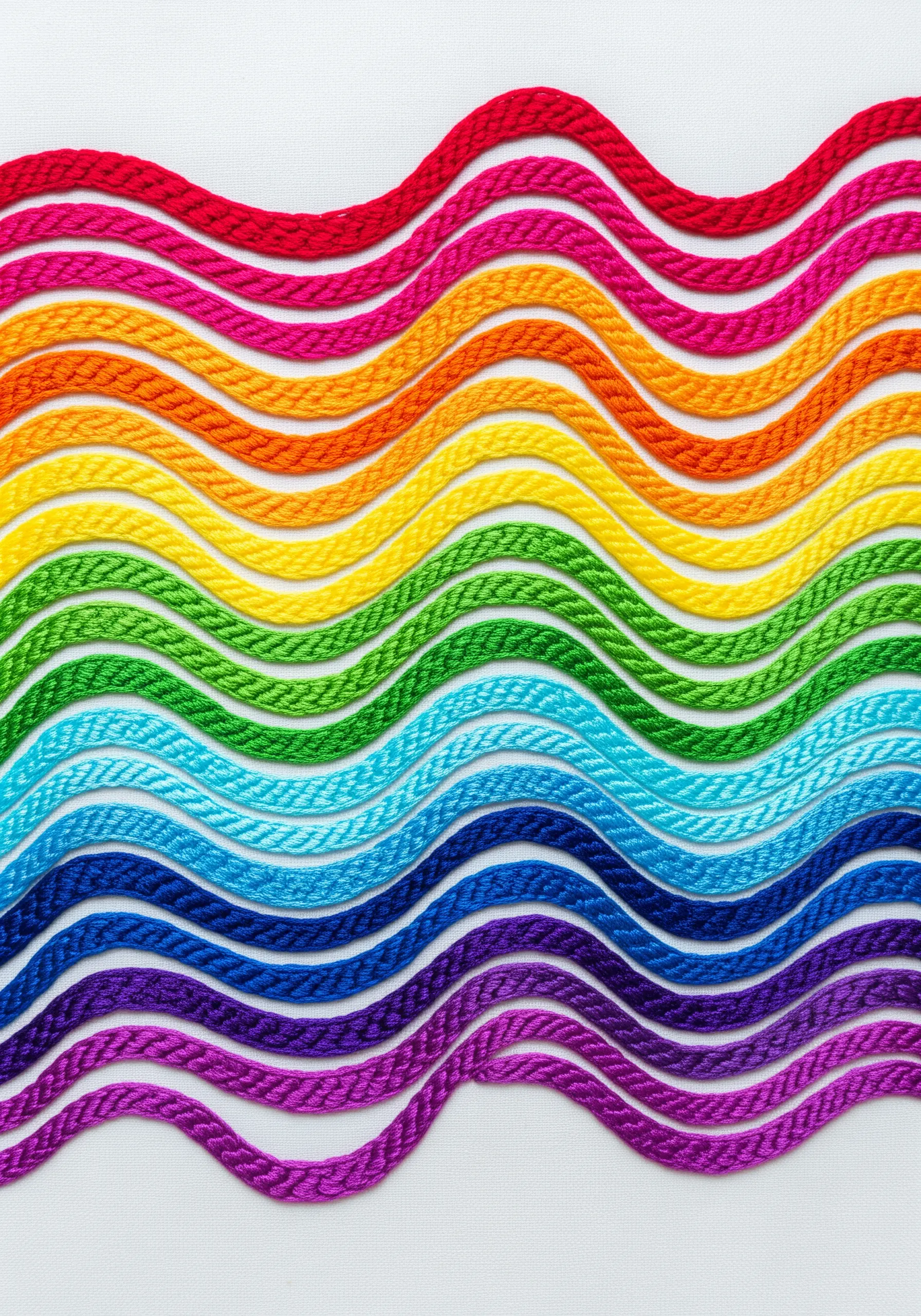 Rainbow-colored cords couched into parallel waves on a white background.