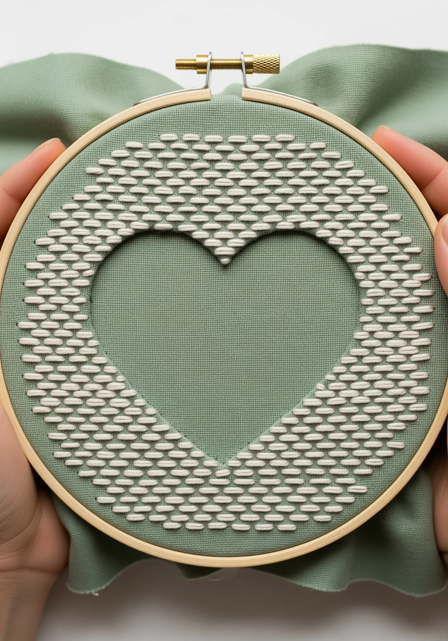 A heart shape created by the negative space on green fabric, surrounded by white stitches.