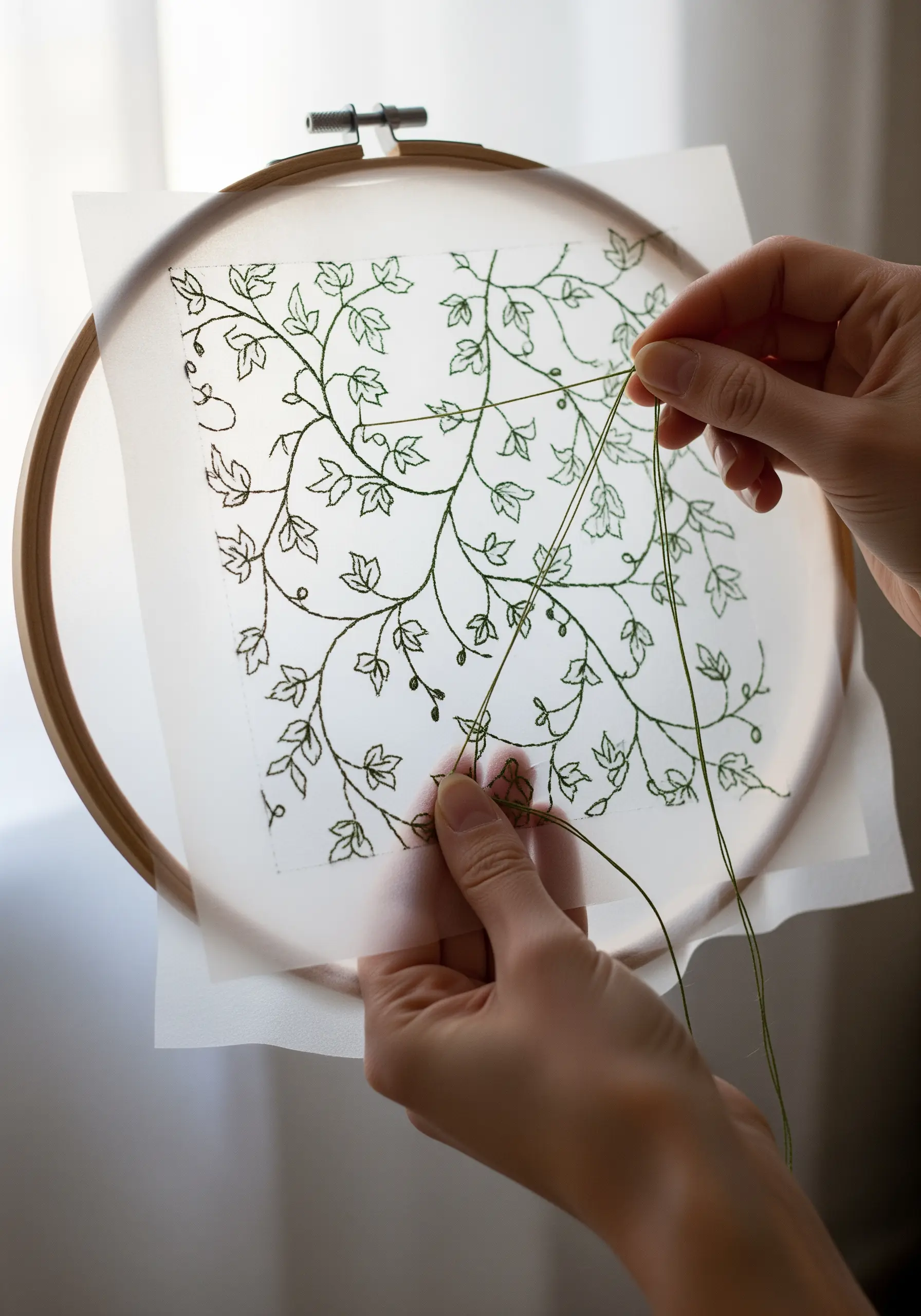 A person stitching a green vine pattern with a needle and thread onto a sheet of vellum paper