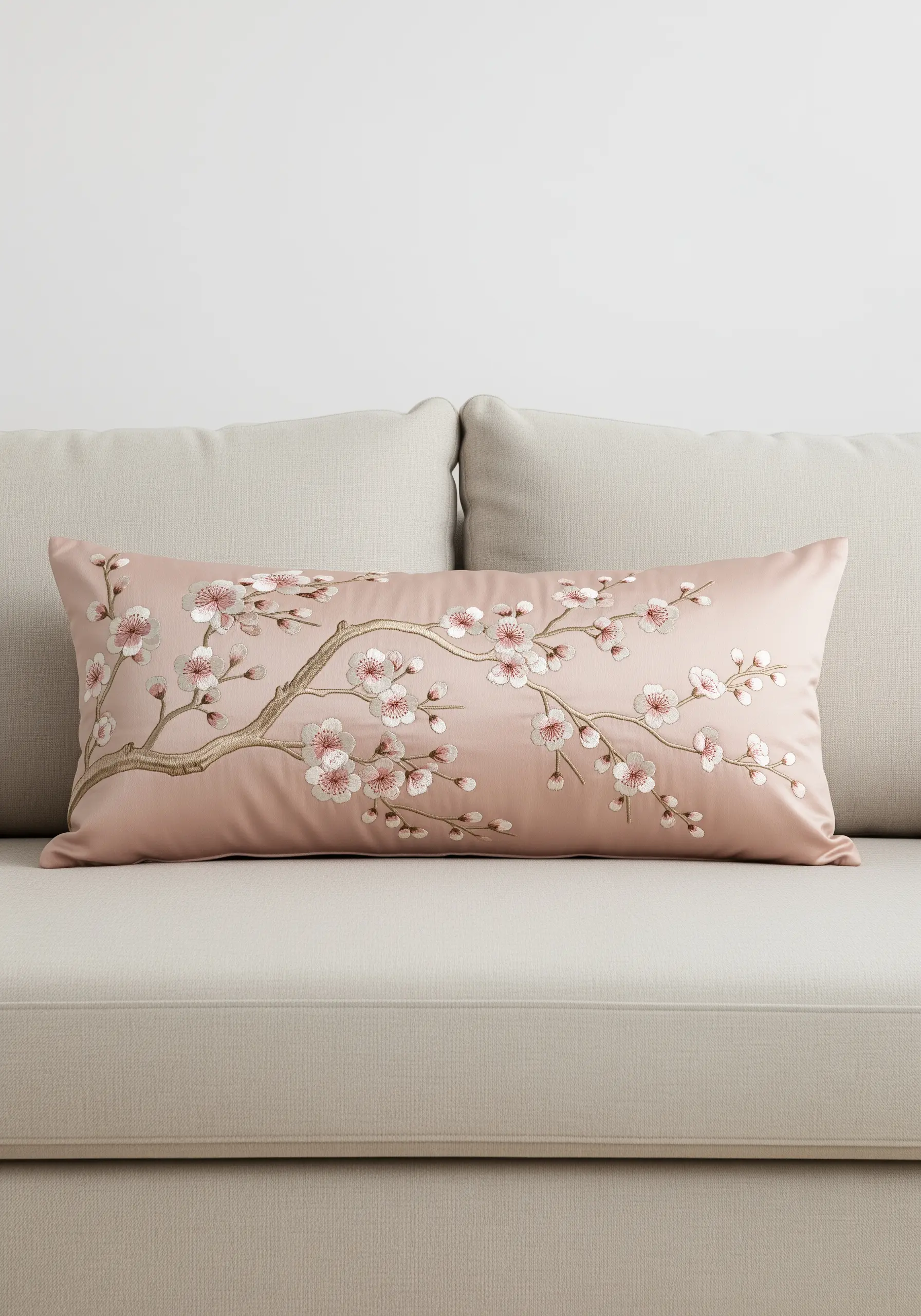 A branch of cherry blossoms embroidered on a blush pillow with French knot details.