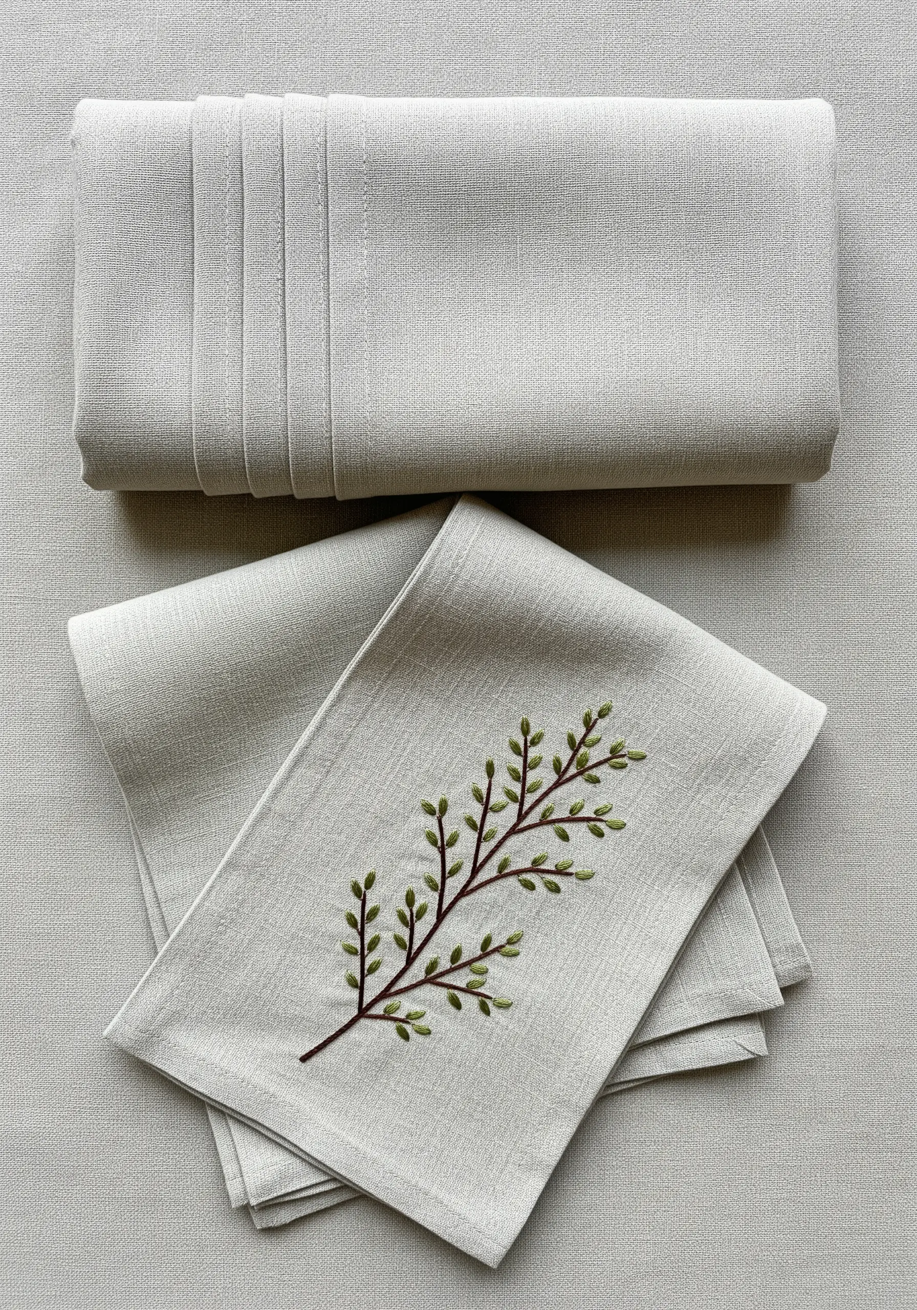A delicate green fern branch embroidered on a set of neutral linen napkins.