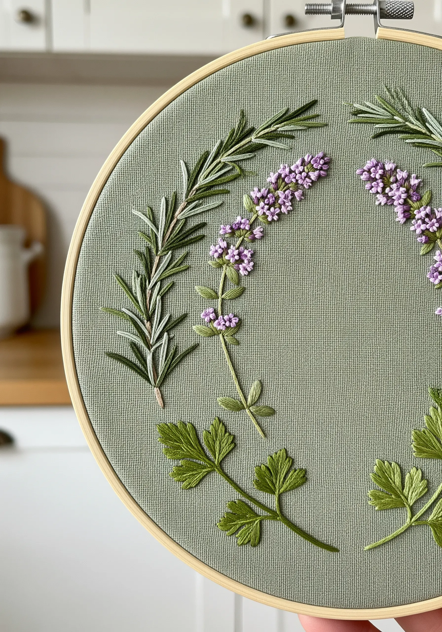 A close-up of an embroidered herb wreath with rosemary and parsley on green fabric.