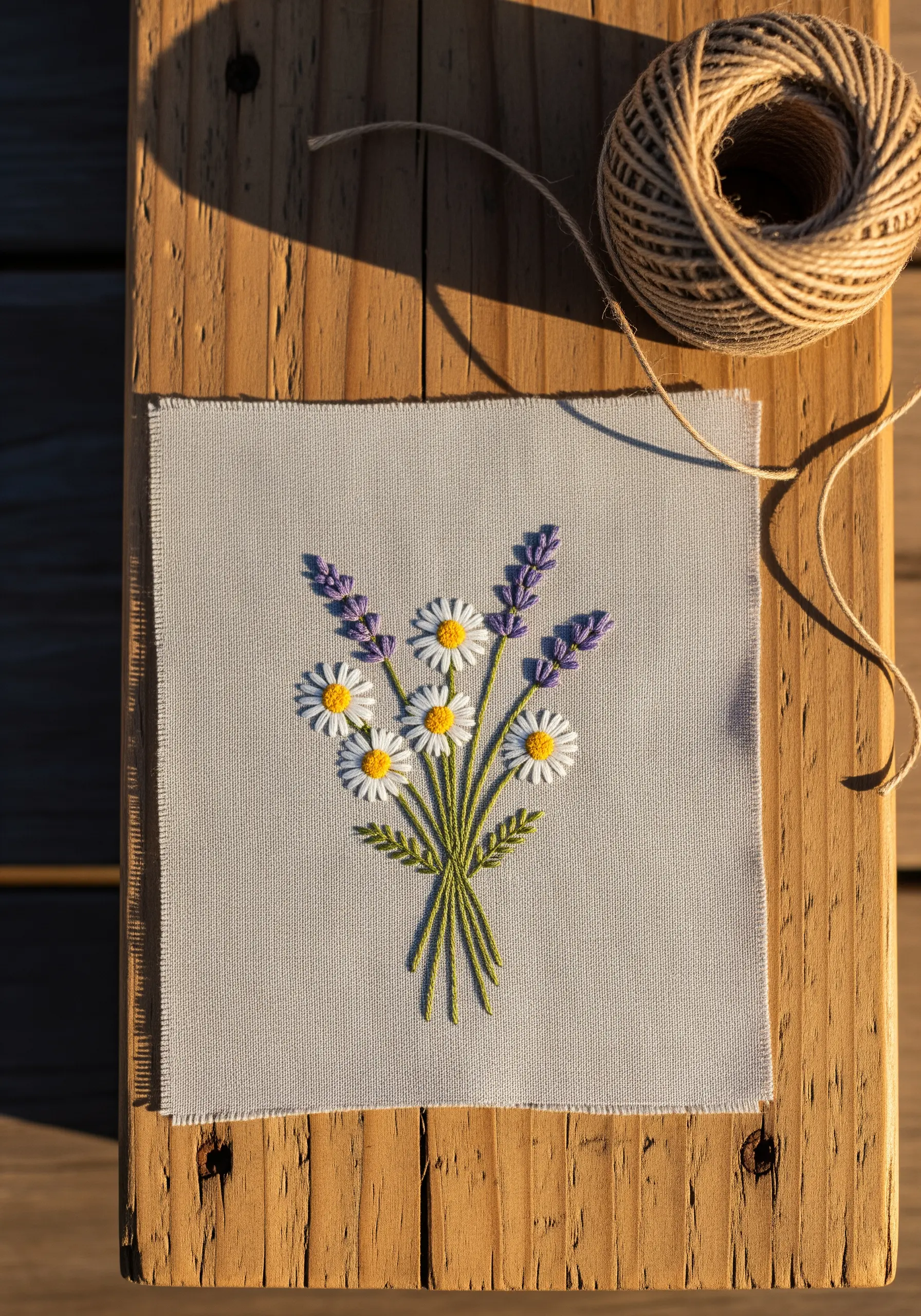 A delicate embroidered bouquet of daisies and lavender on a light-colored linen scrap.