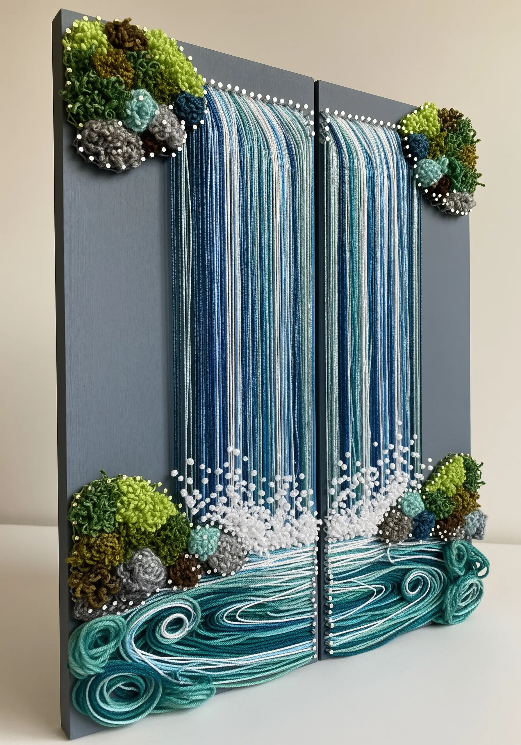 A diptych string art piece of a waterfall with straight stitches for water and knots for foam.
