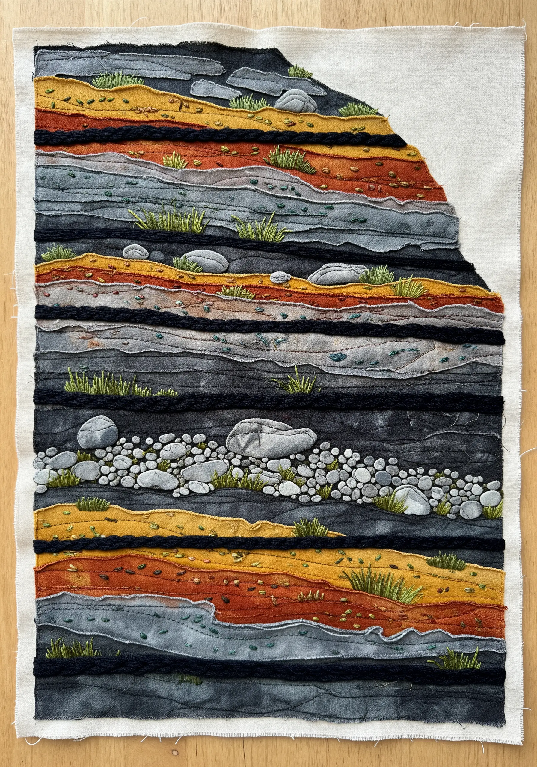 A fabric collage representing soil strata, with painted layers, embroidery, and frayed edges.