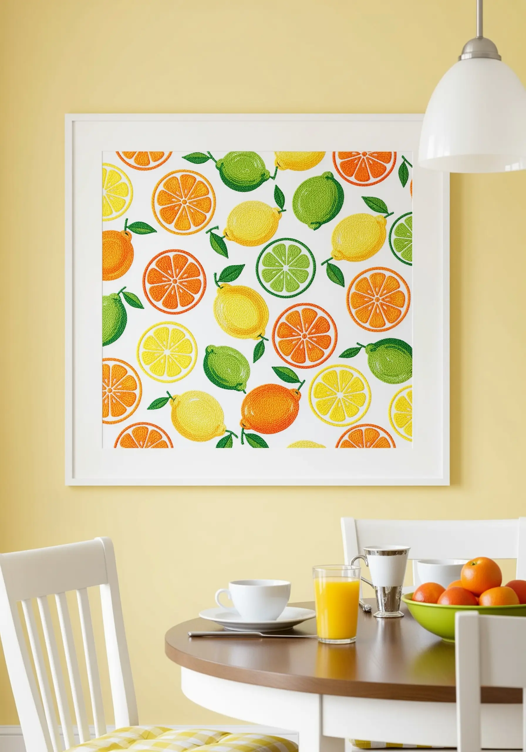 Framed embroidery with a repeating pattern of colorful lemons, limes, and oranges.