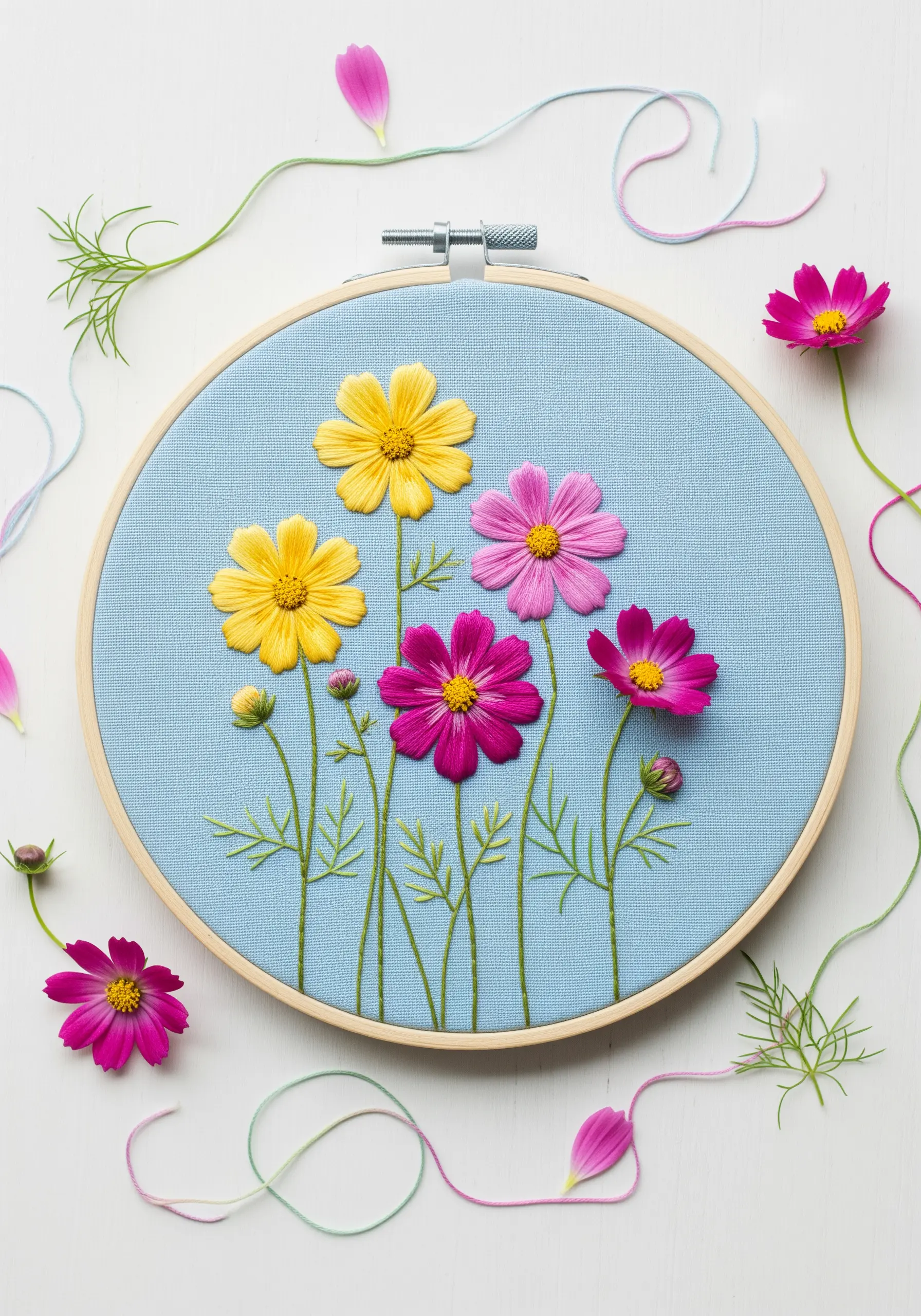 A field of yellow and pink cosmos flowers stitched on light blue fabric in a hoop.