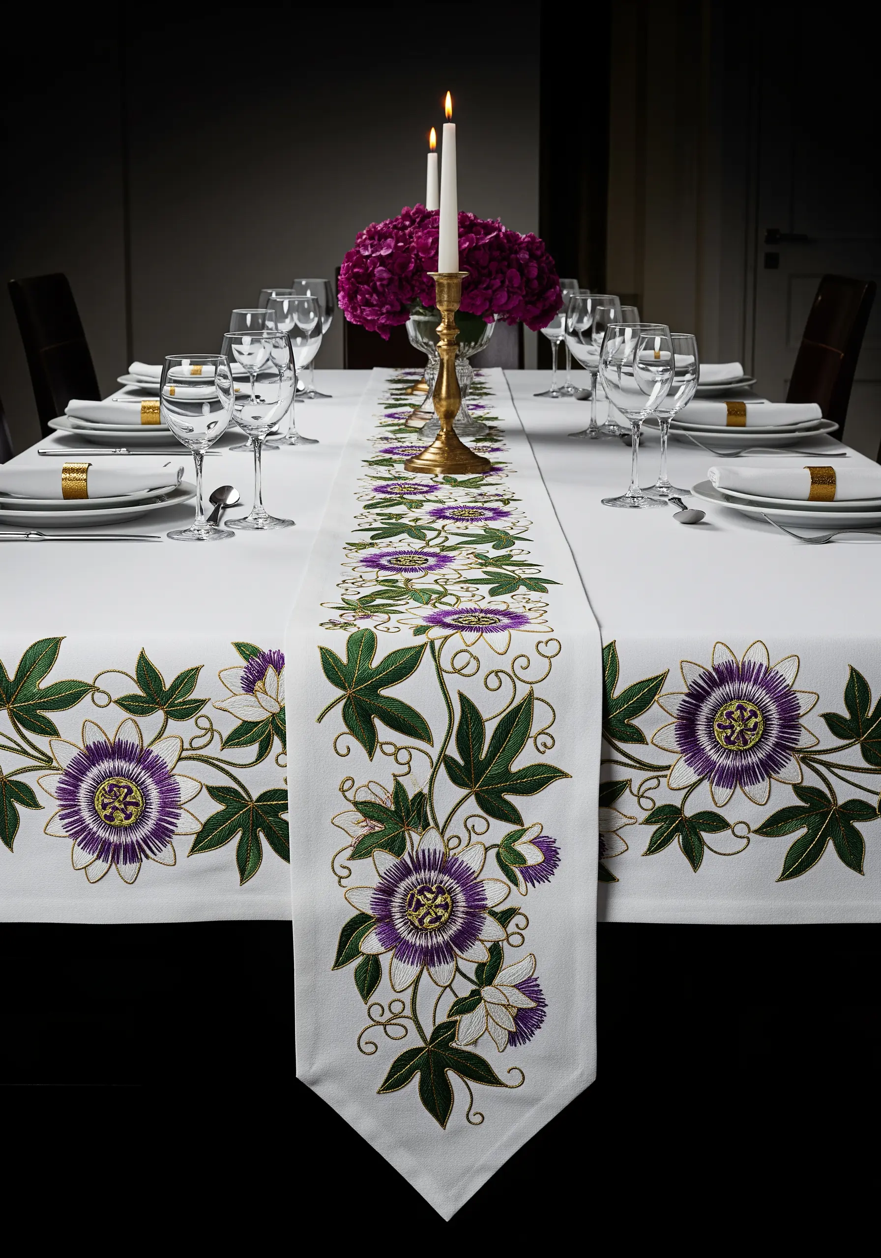 Elegant white table runner featuring a dramatic, embroidered passionflower design
