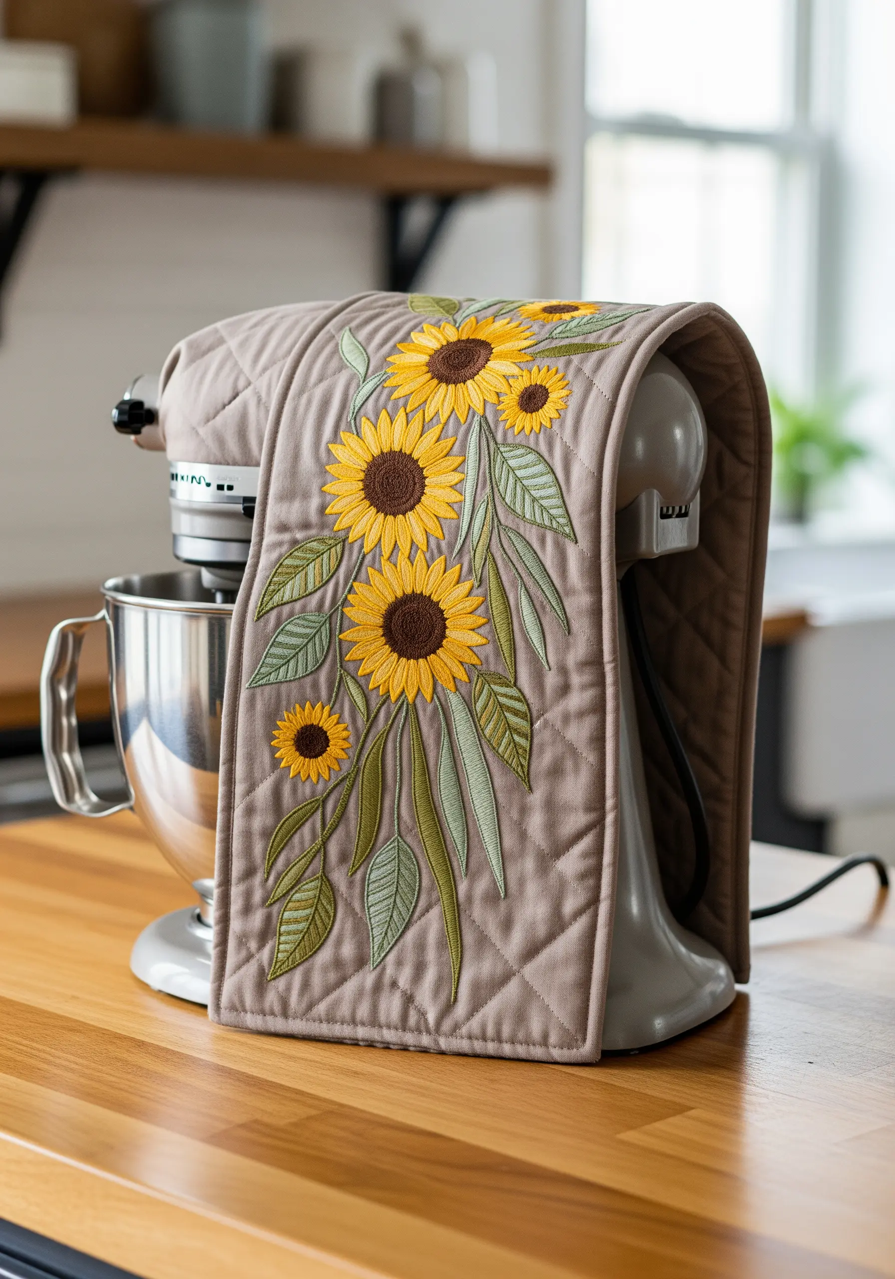 Quilted stand mixer cover with a large, cascading arrangement of embroidered sunflowers.