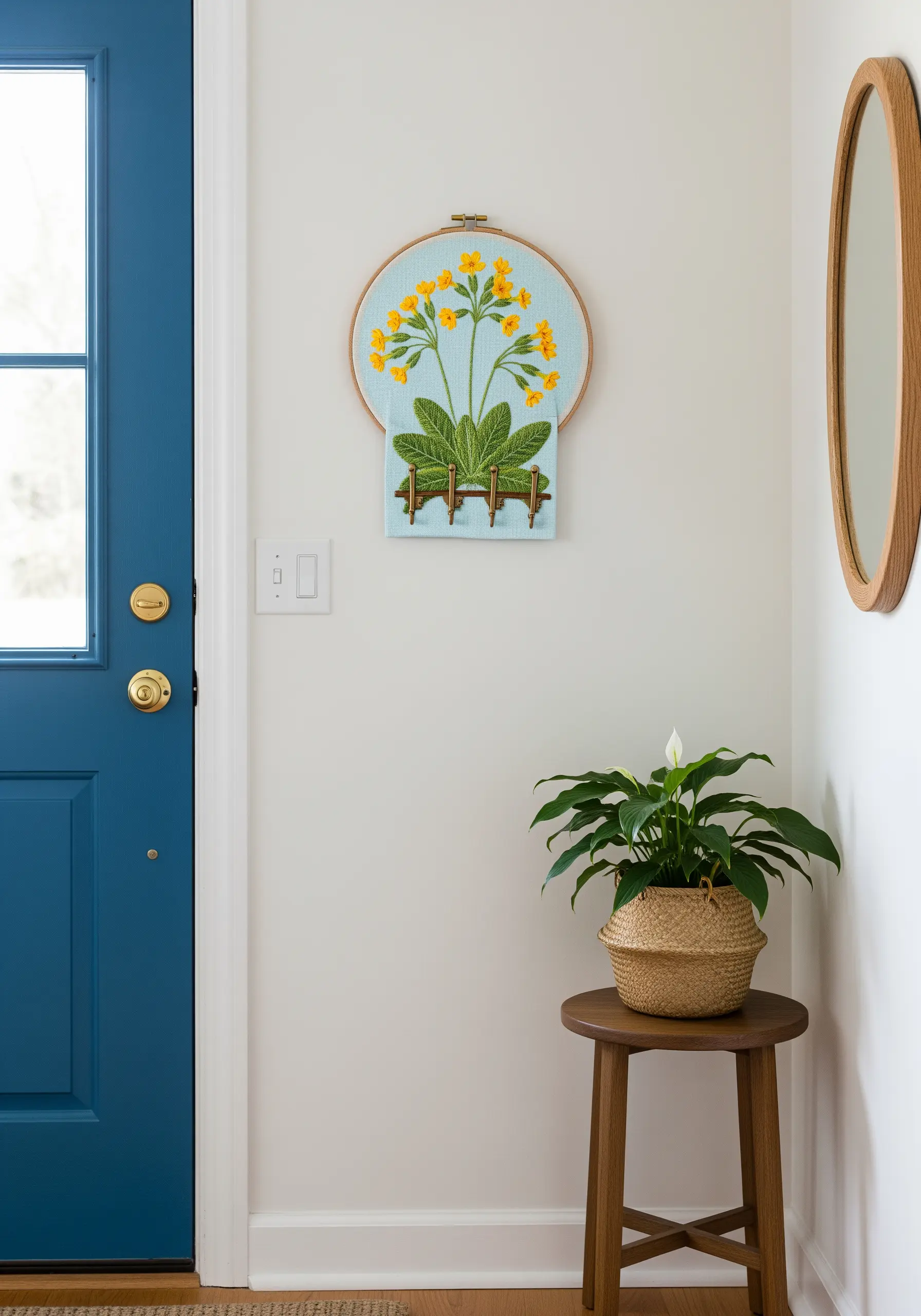 Embroidered hoop art of yellow flowers, adapted to be a wall-mounted key holder