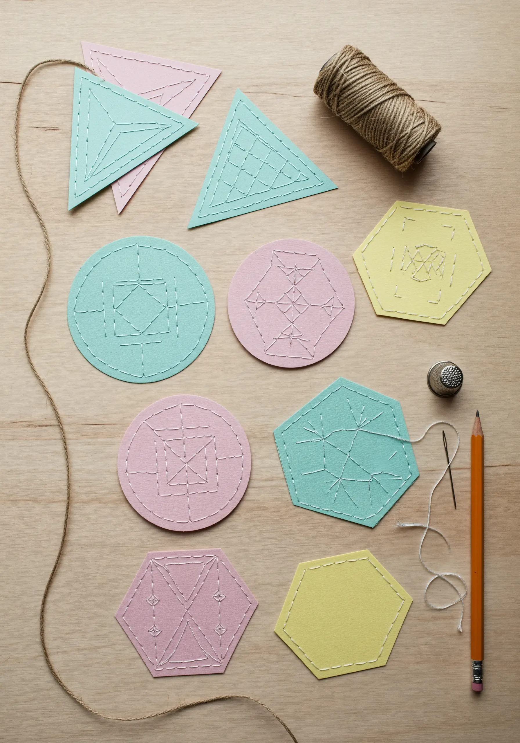Pastel-colored paper shapes—circles, triangles, hexagons—stitched with white geometric patterns.