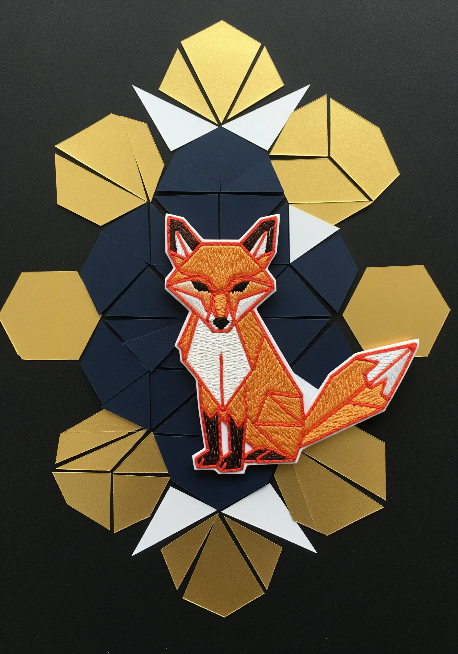 An embroidered geometric fox patch mounted on a background of folded navy, gold, and white paper hexagons.