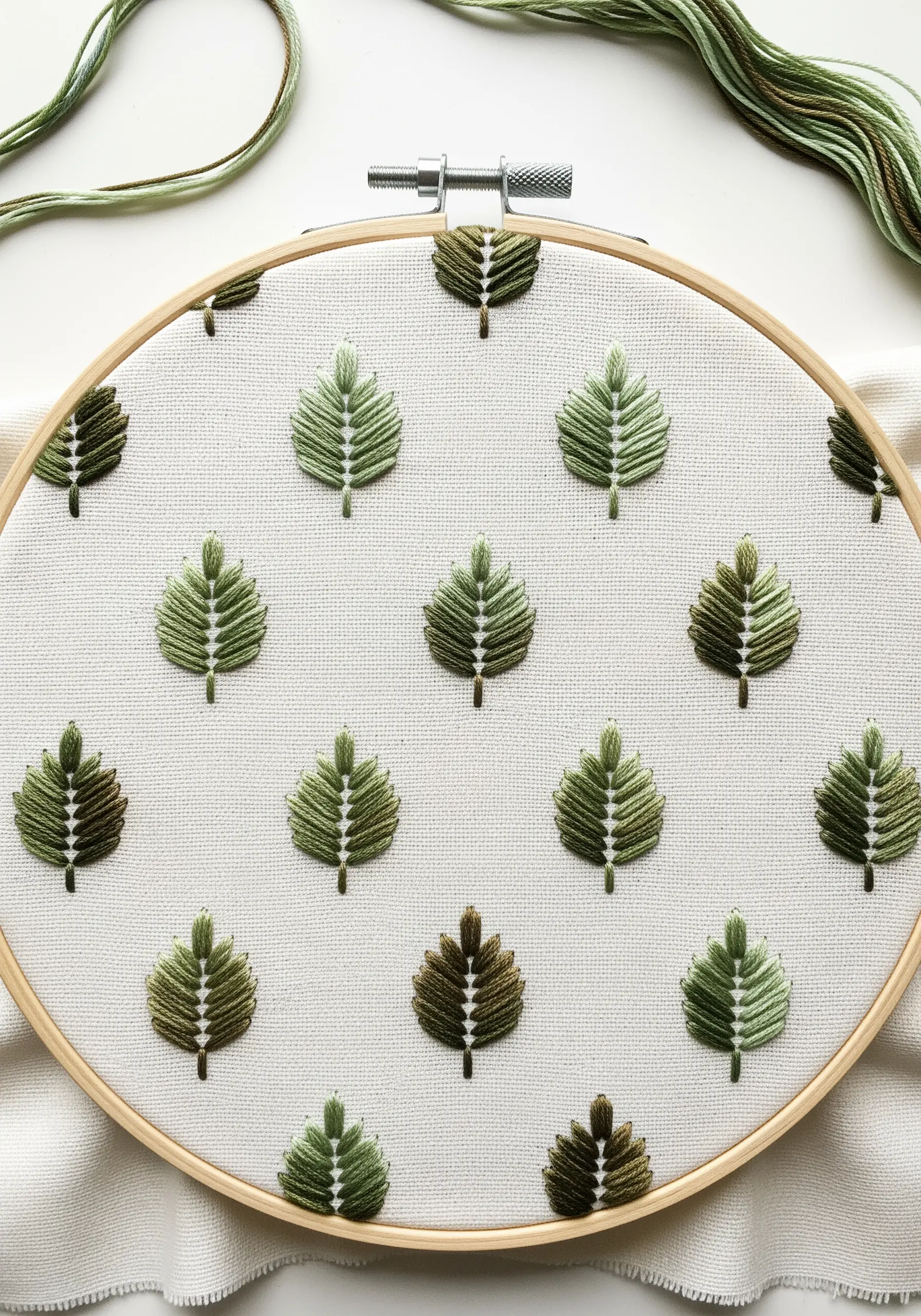 A pattern of embroidered leaves in a hoop, showing a color gradient from light to dark green.