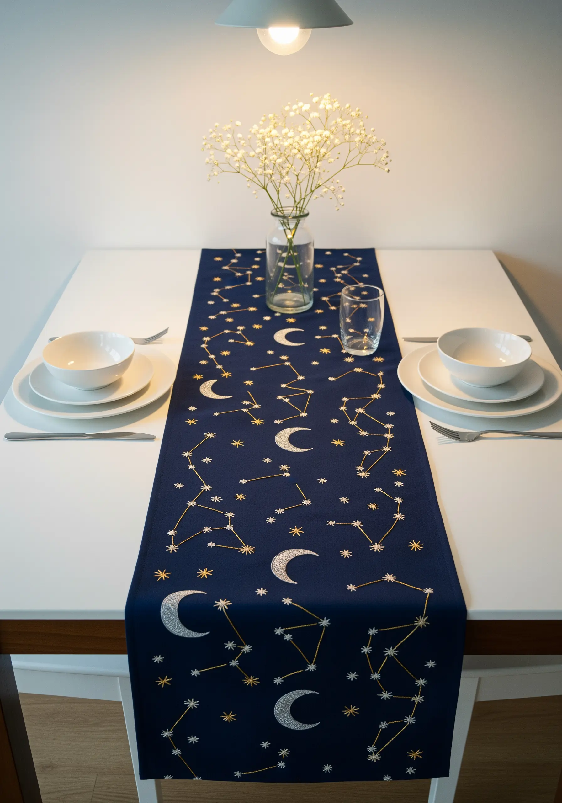 A navy blue table runner embroidered with crescent moons and constellations in white and gold.