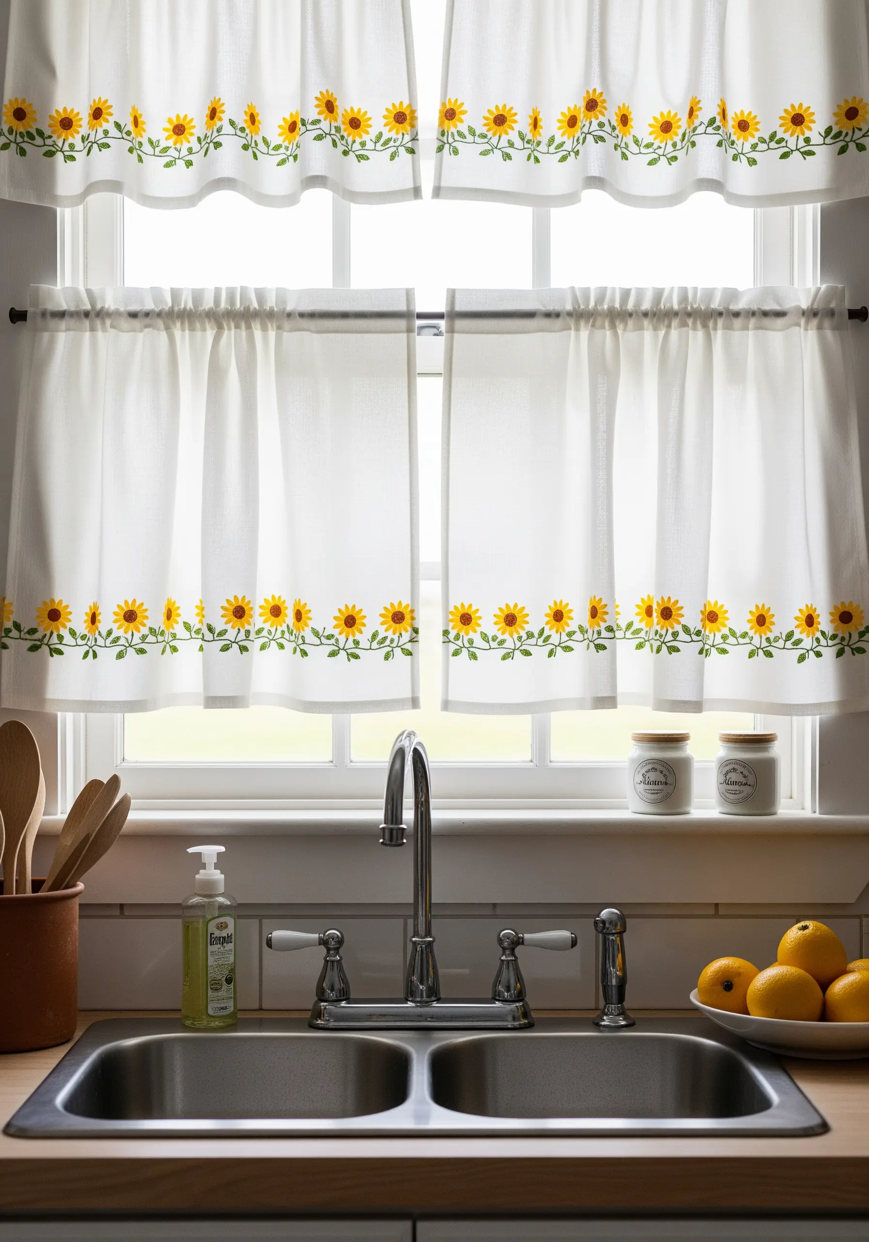White kitchen curtains with a simple, repeating embroidered sunflower border design.