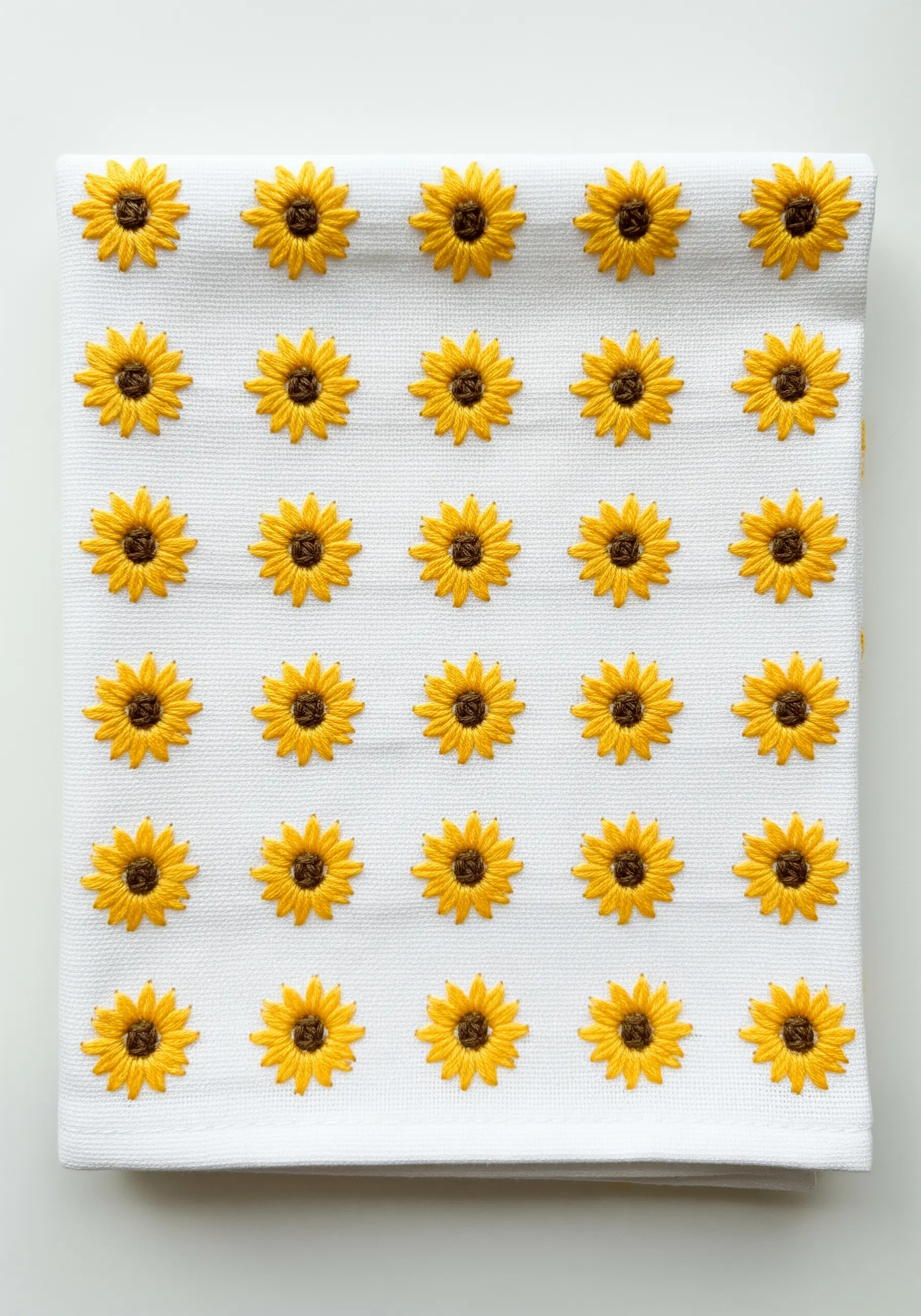 A grid of small, simply embroidered sunflowers covering the surface of a white towel