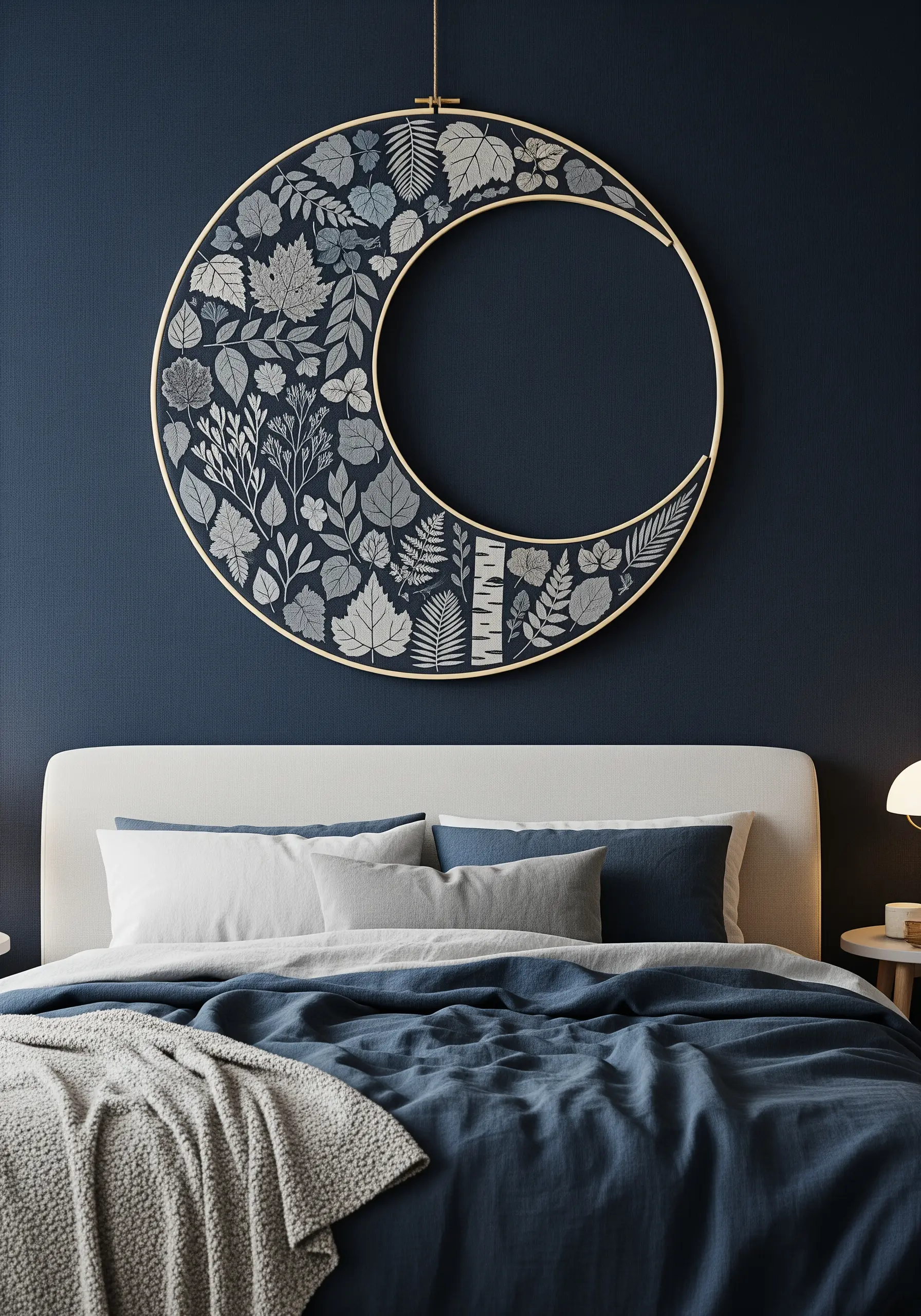 Large crescent moon hoop art filled with a collage of monochromatic leaf embroidery